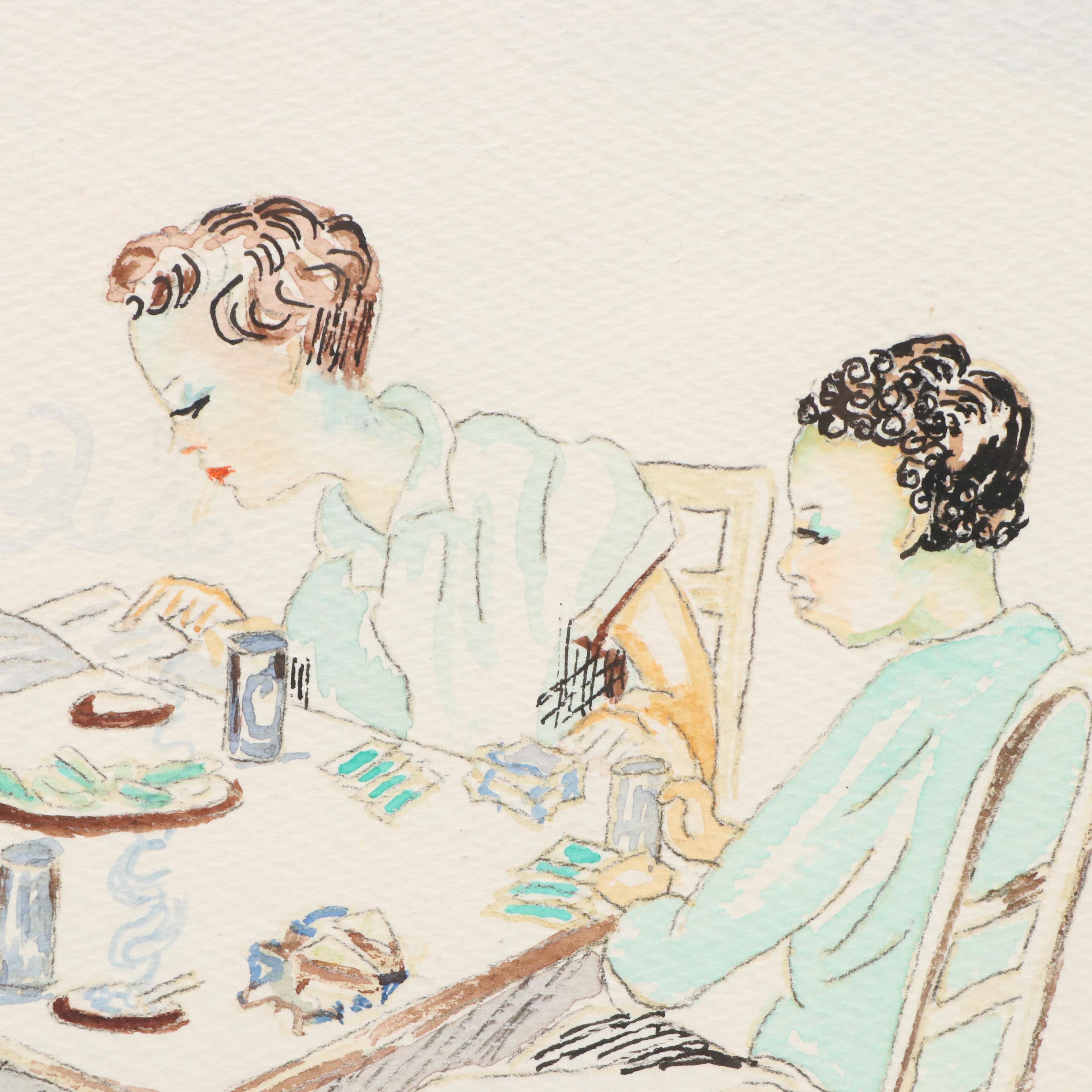 Mary Bell Watercolor Painting of Bridge Players, Mid to Late 20th Century