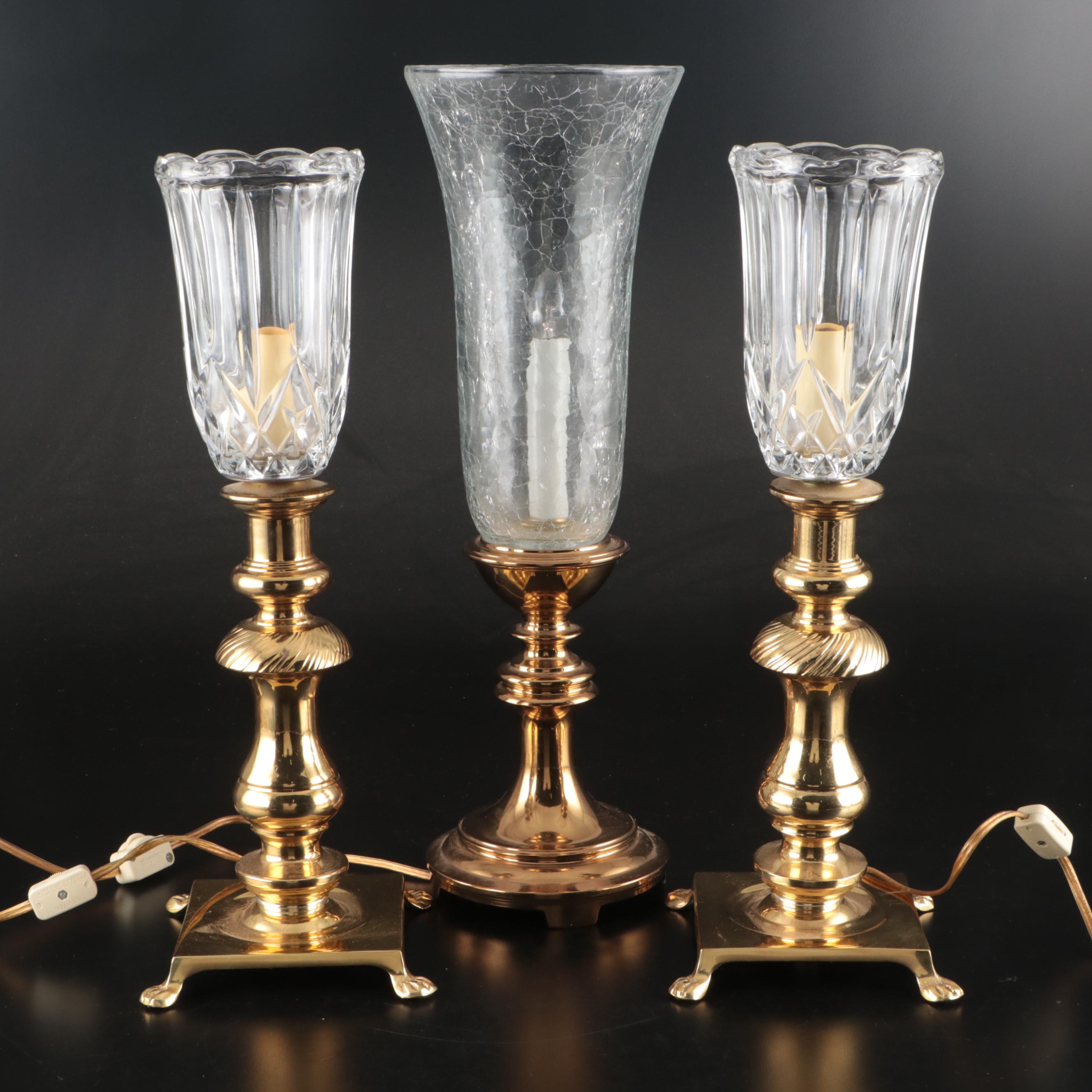 Lacquered Brass Footed Table Lamps with Glass Hurricanes