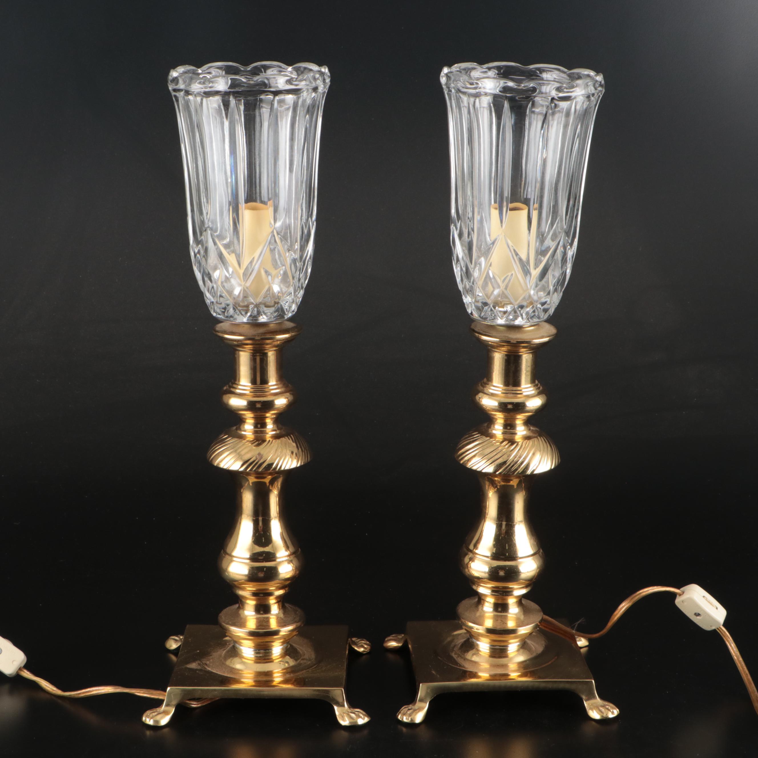 Lacquered Brass Footed Table Lamps with Glass Hurricanes