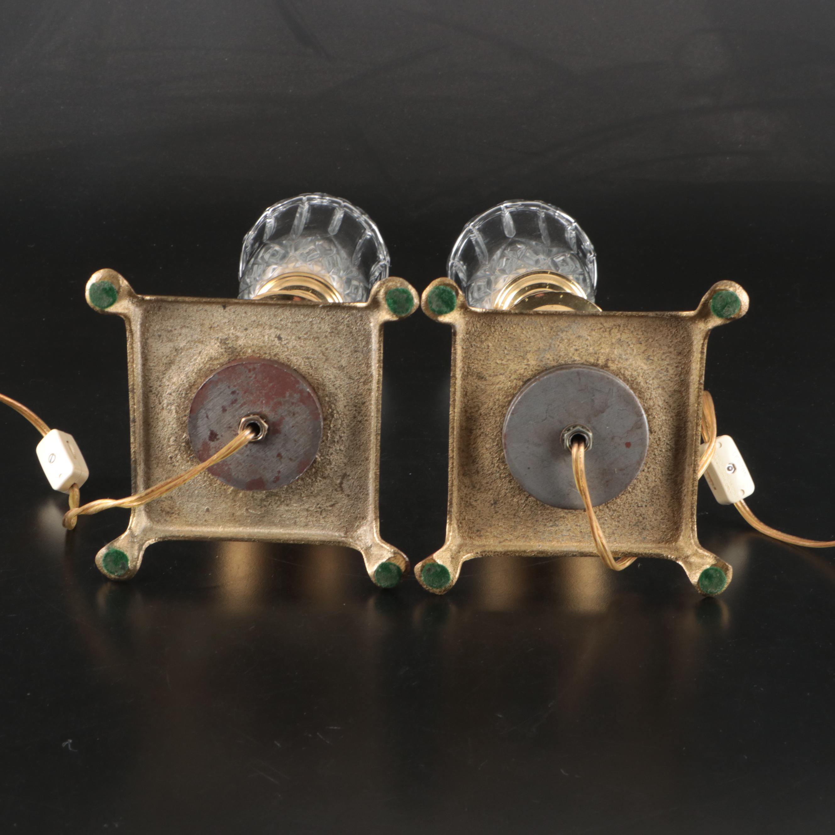 Lacquered Brass Footed Table Lamps with Glass Hurricanes