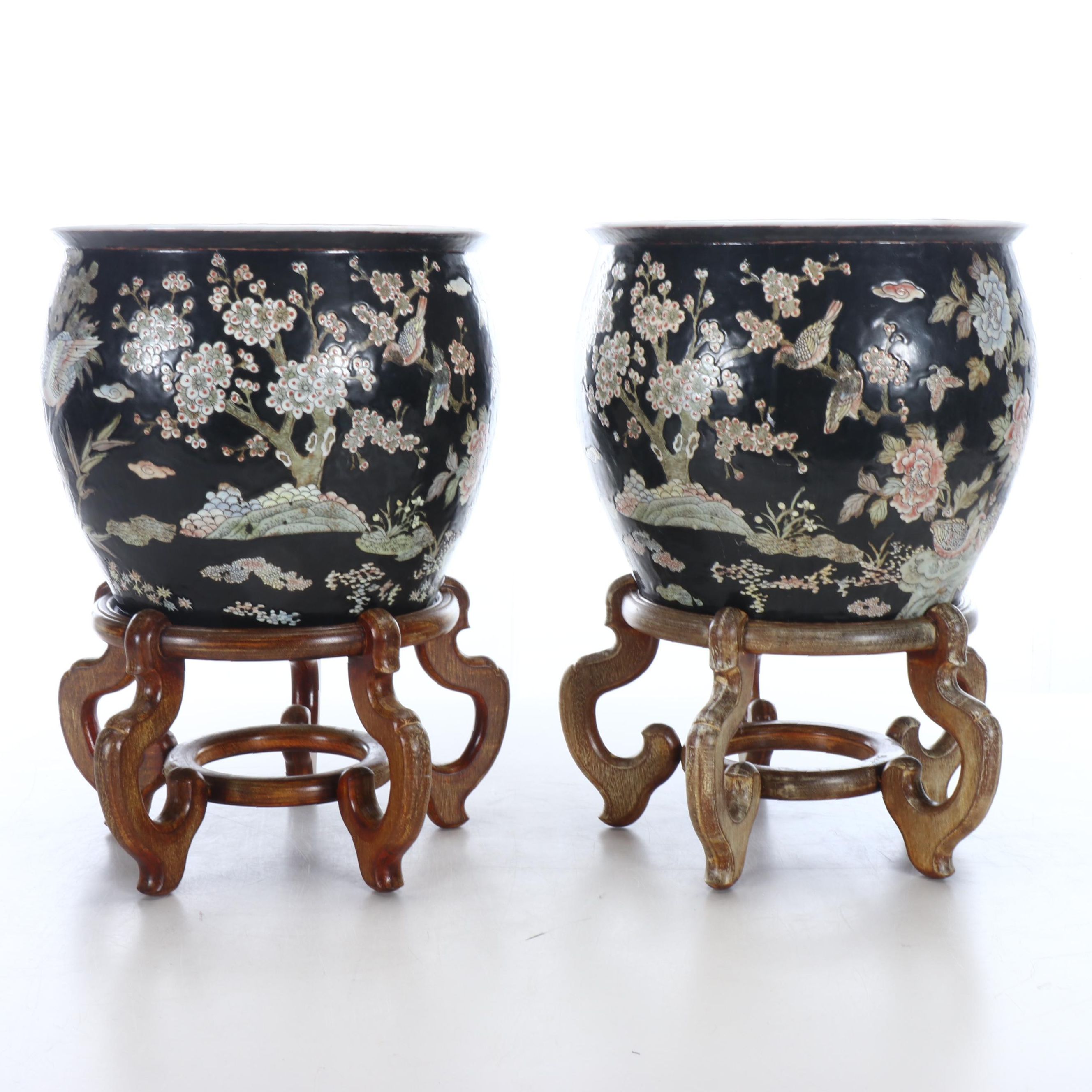 Pair of Chinese Porcelain Famille Noire Fishbowl Planters with Stands