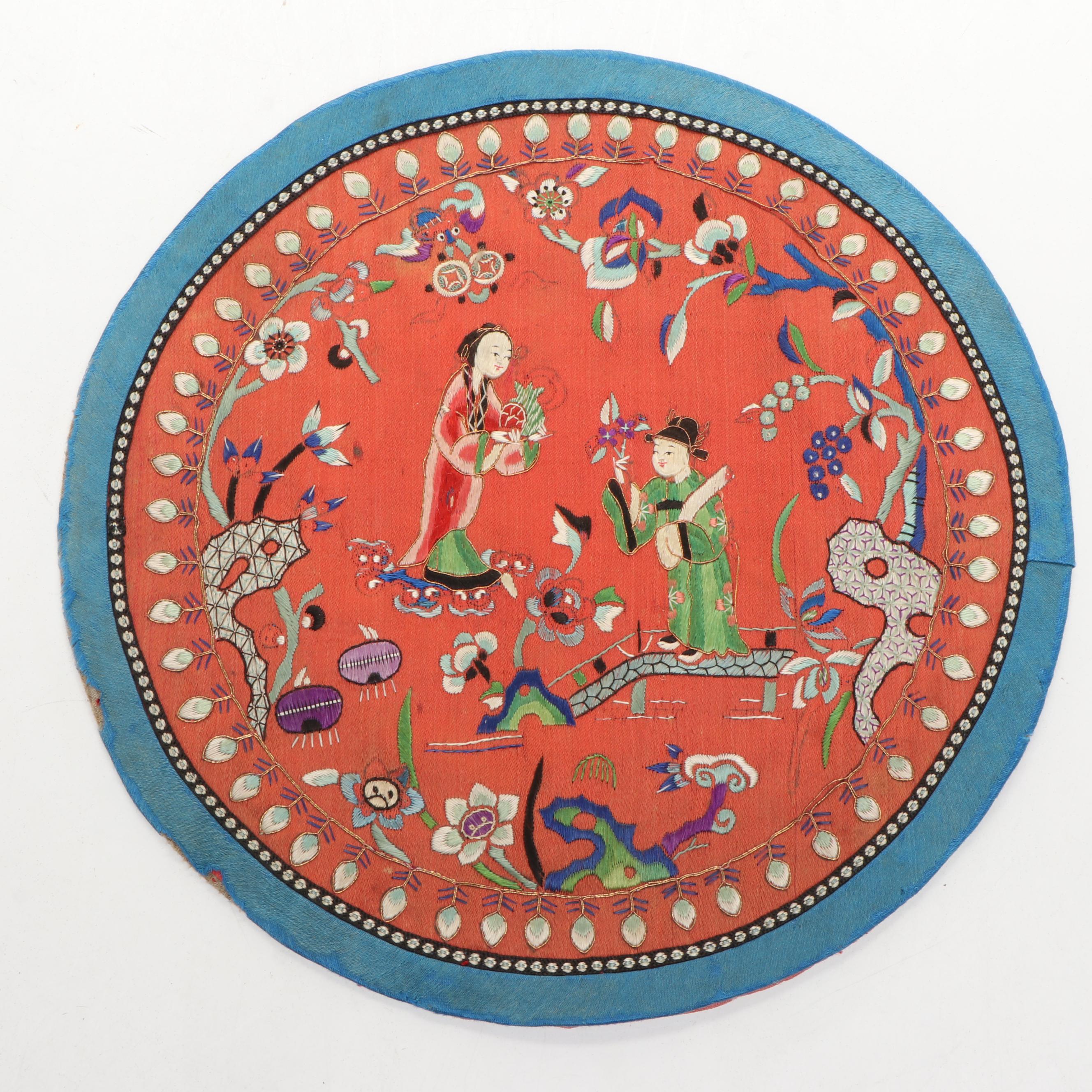 Chinese Peony and Butterfly Embroidered Silk Textile with Other Chinese Textiles