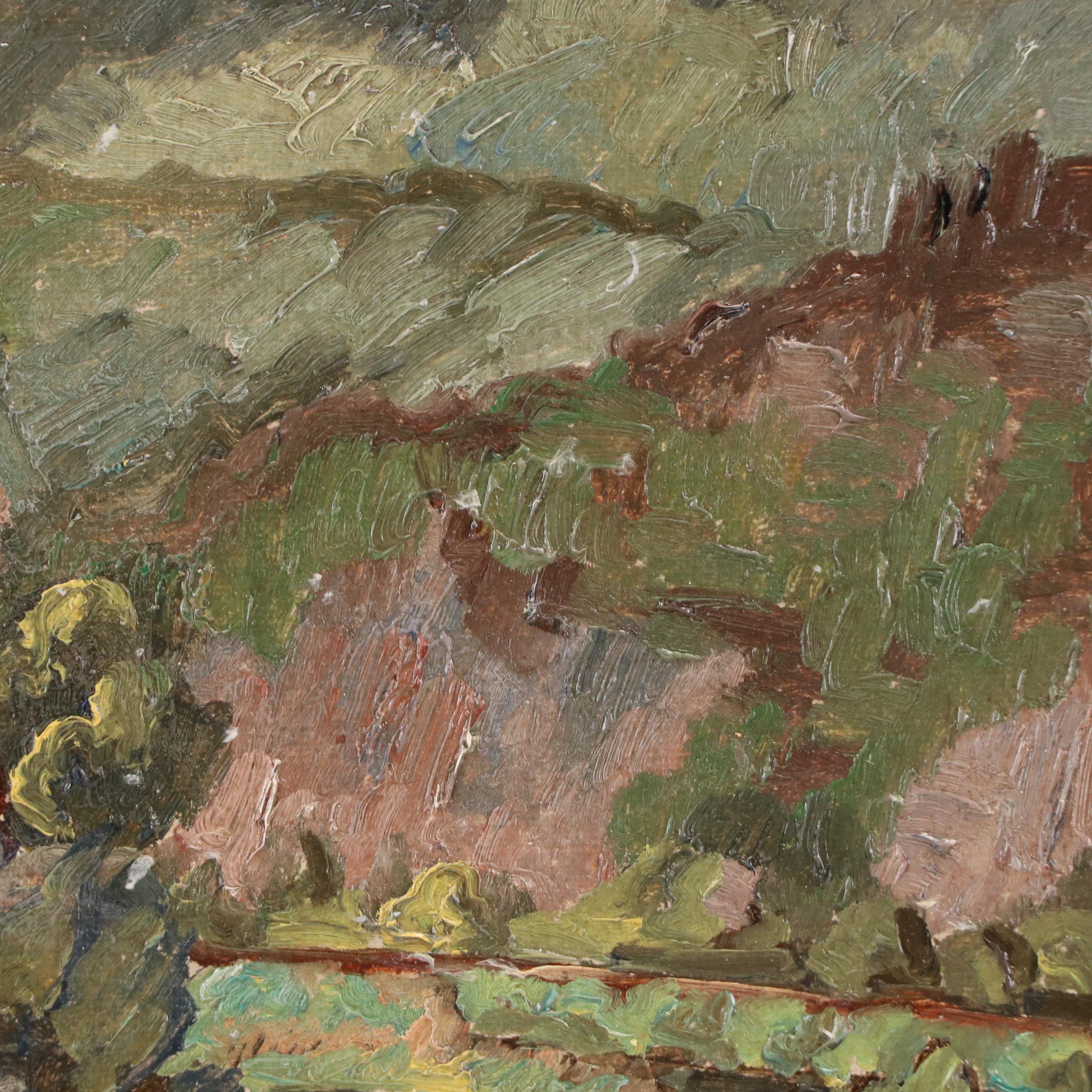 Landscape Impasto Oil on Panel on Windswept Valley Home, 1949