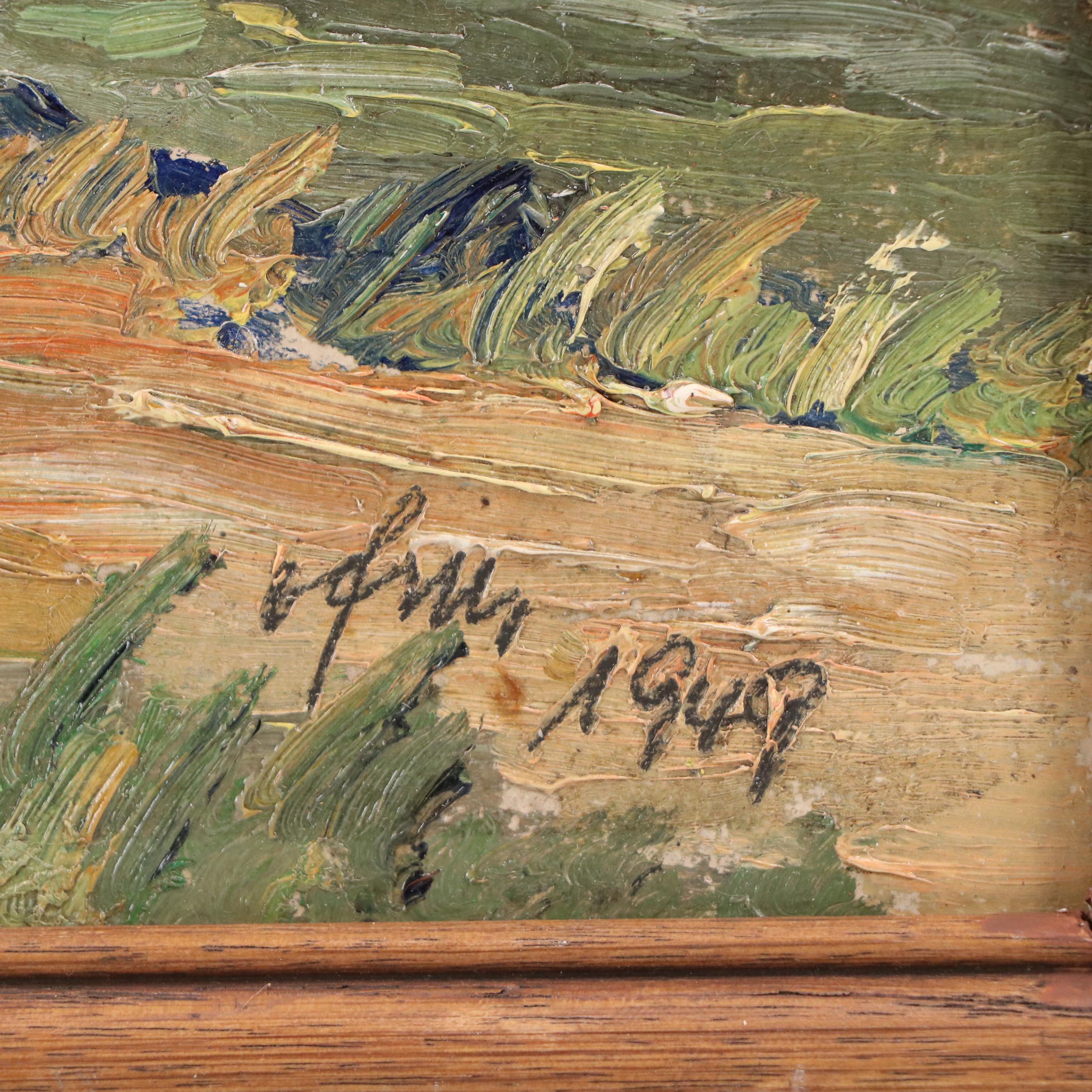 Landscape Impasto Oil on Panel on Windswept Valley Home, 1949