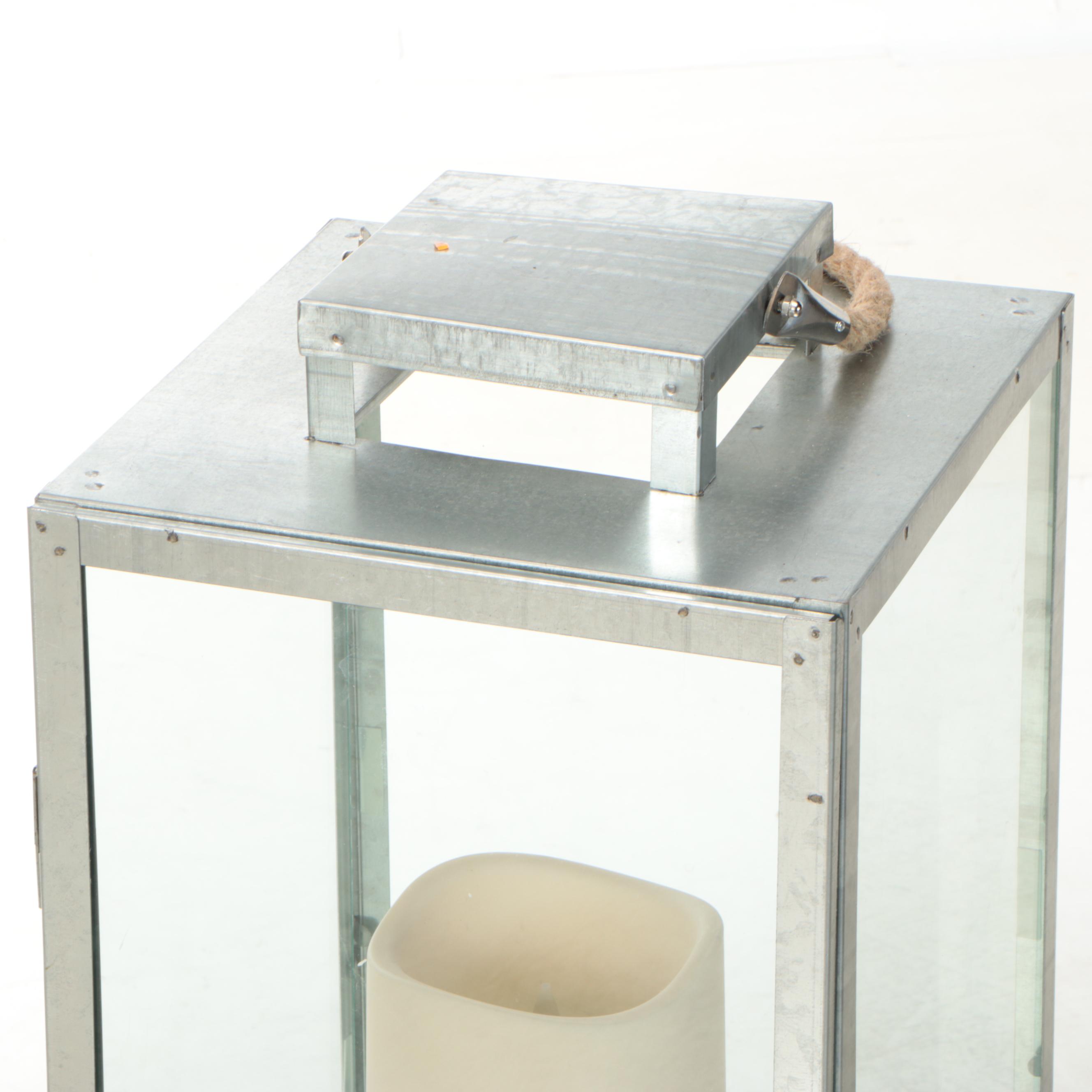 Contemporary Metal and Glass Floor Lantern with Battery-Operated Pillar Candle
