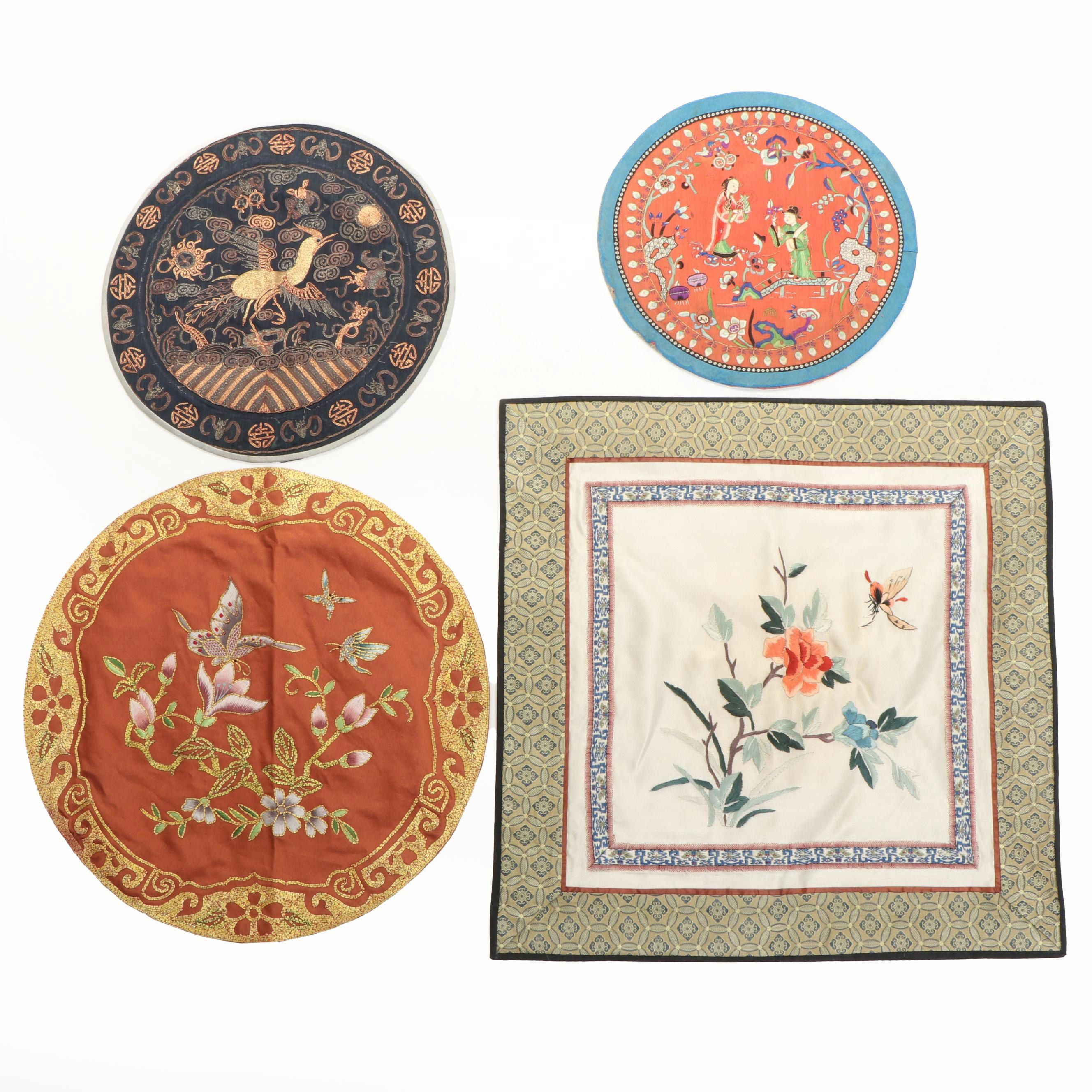 Chinese Peony and Butterfly Embroidered Silk Textile with Other Chinese Textiles