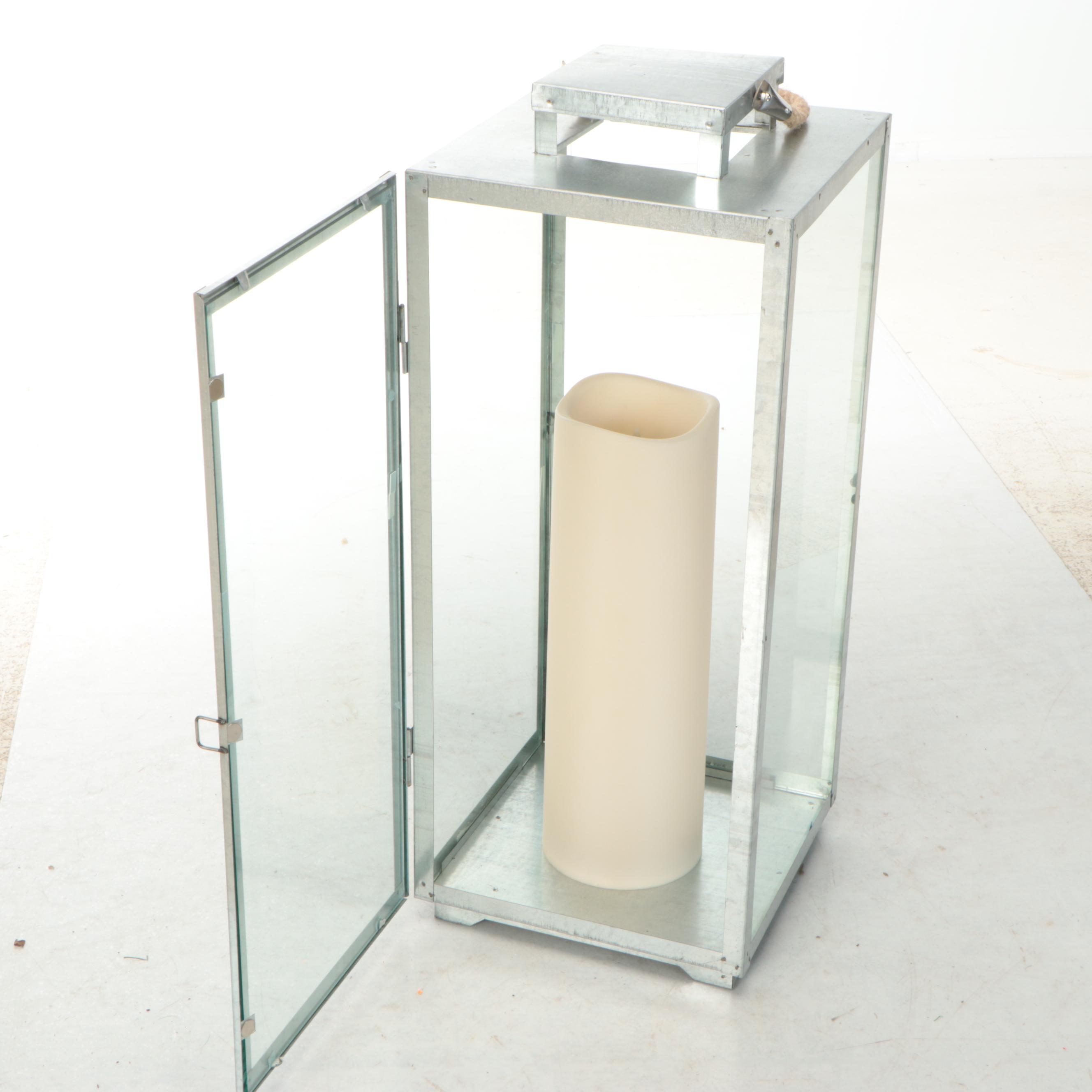 Contemporary Metal and Glass Floor Lantern with Battery-Operated Pillar Candle