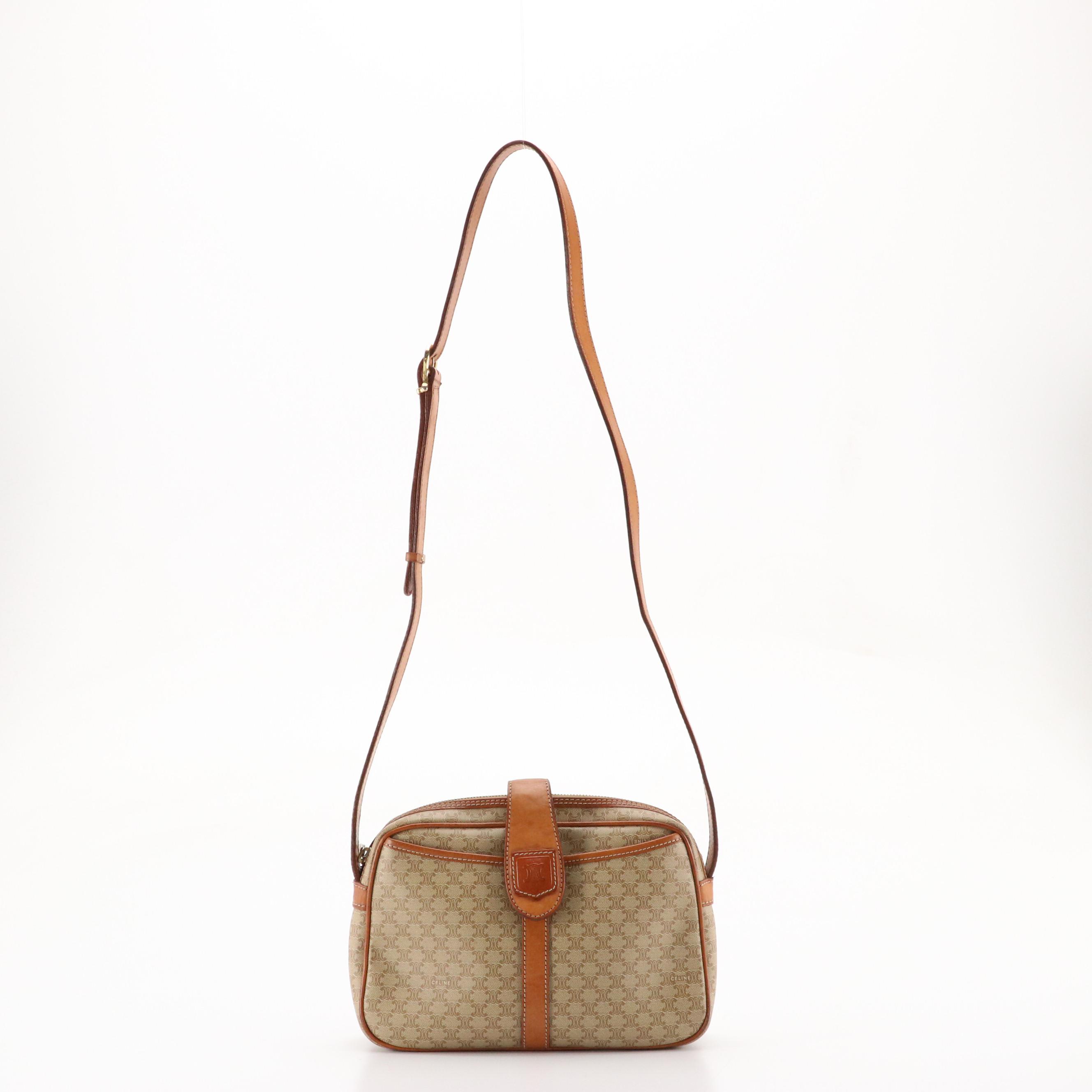 Celine Crossbody Bag in Beige Macadam Canvas and Leather Trim