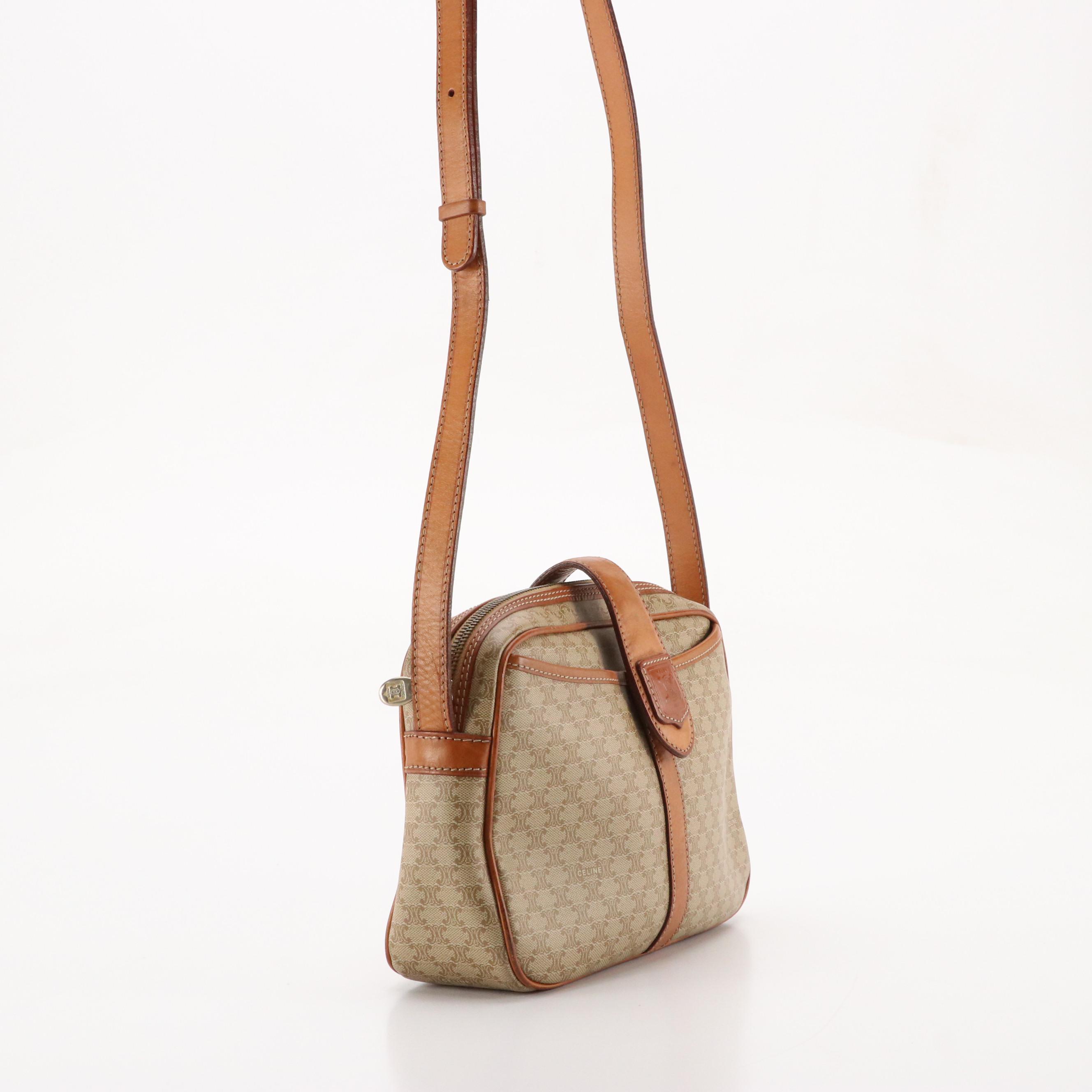 Celine Crossbody Bag in Beige Macadam Canvas and Leather Trim
