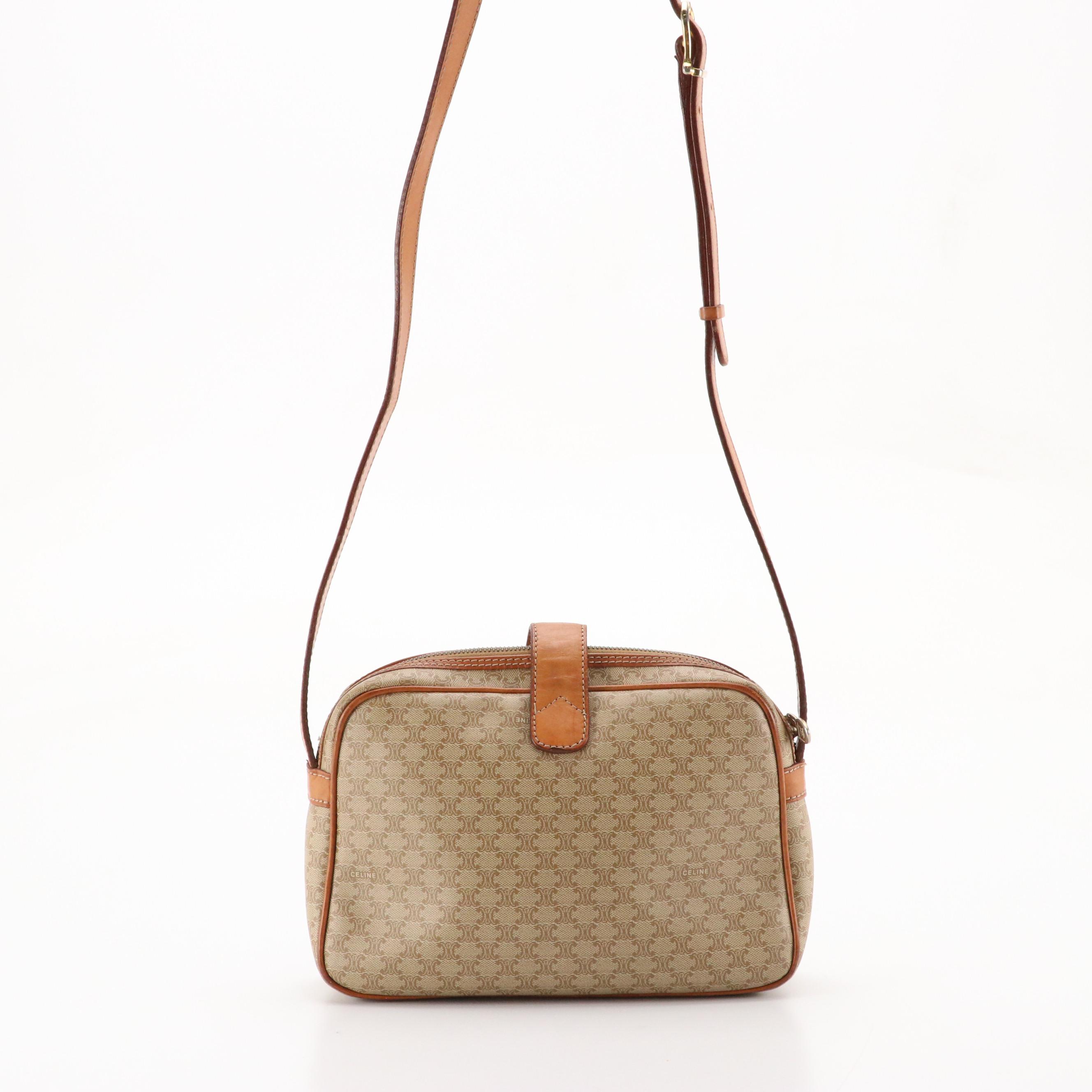Celine Crossbody Bag in Beige Macadam Canvas and Leather Trim