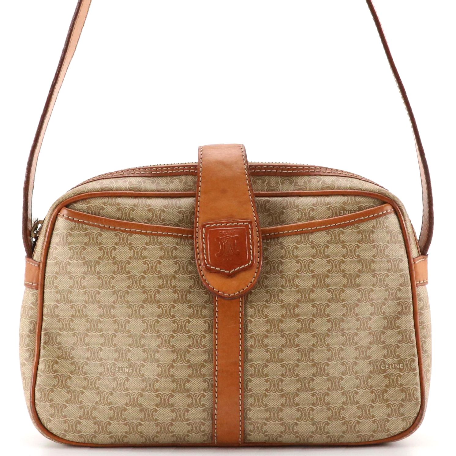 Celine Crossbody Bag in Beige Macadam Canvas and Leather Trim