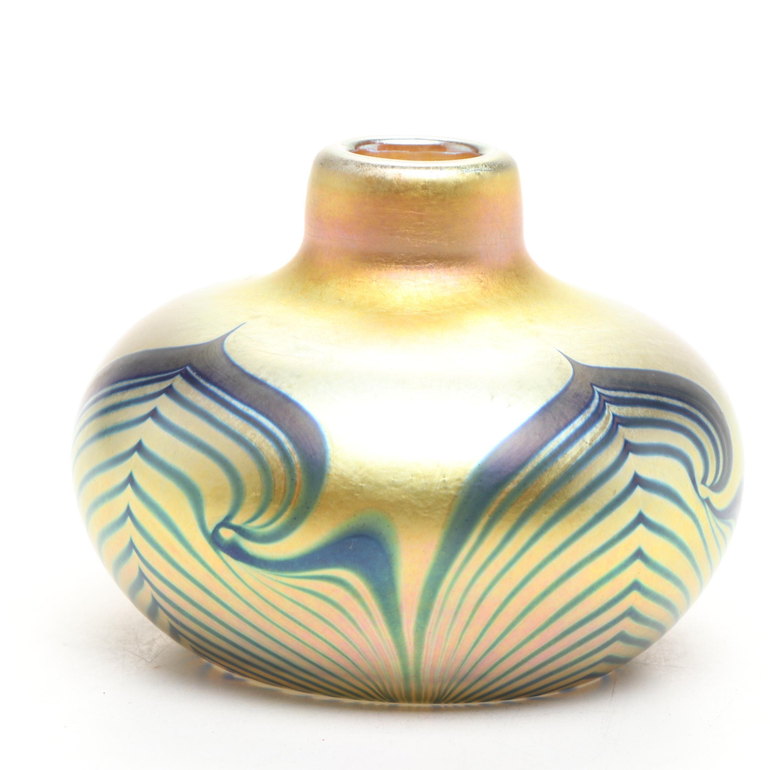 Correia Feathered Art Glass Bud Vase with Lundberg Studios Paperweights