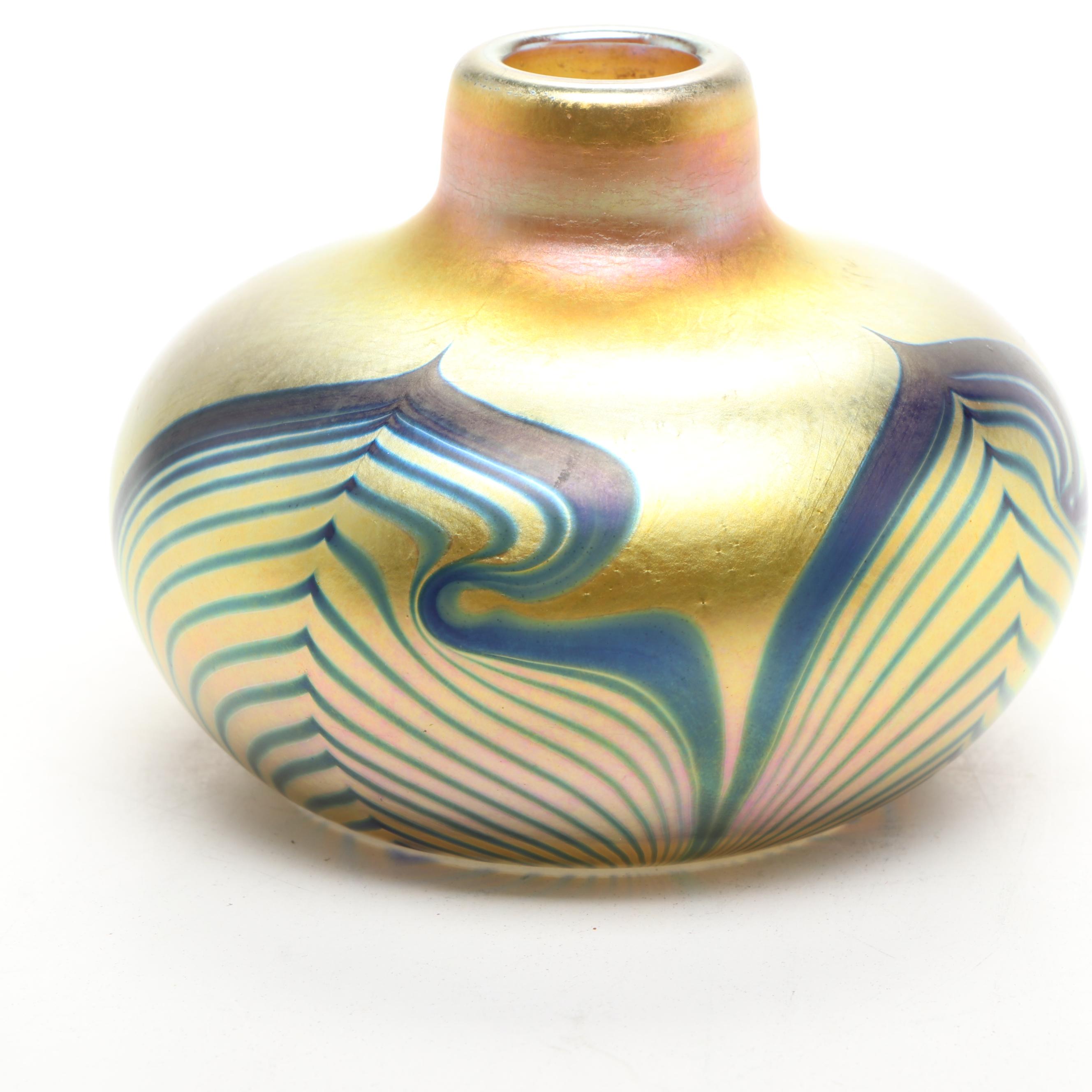 Correia Feathered Art Glass Bud Vase with Lundberg Studios Paperweights