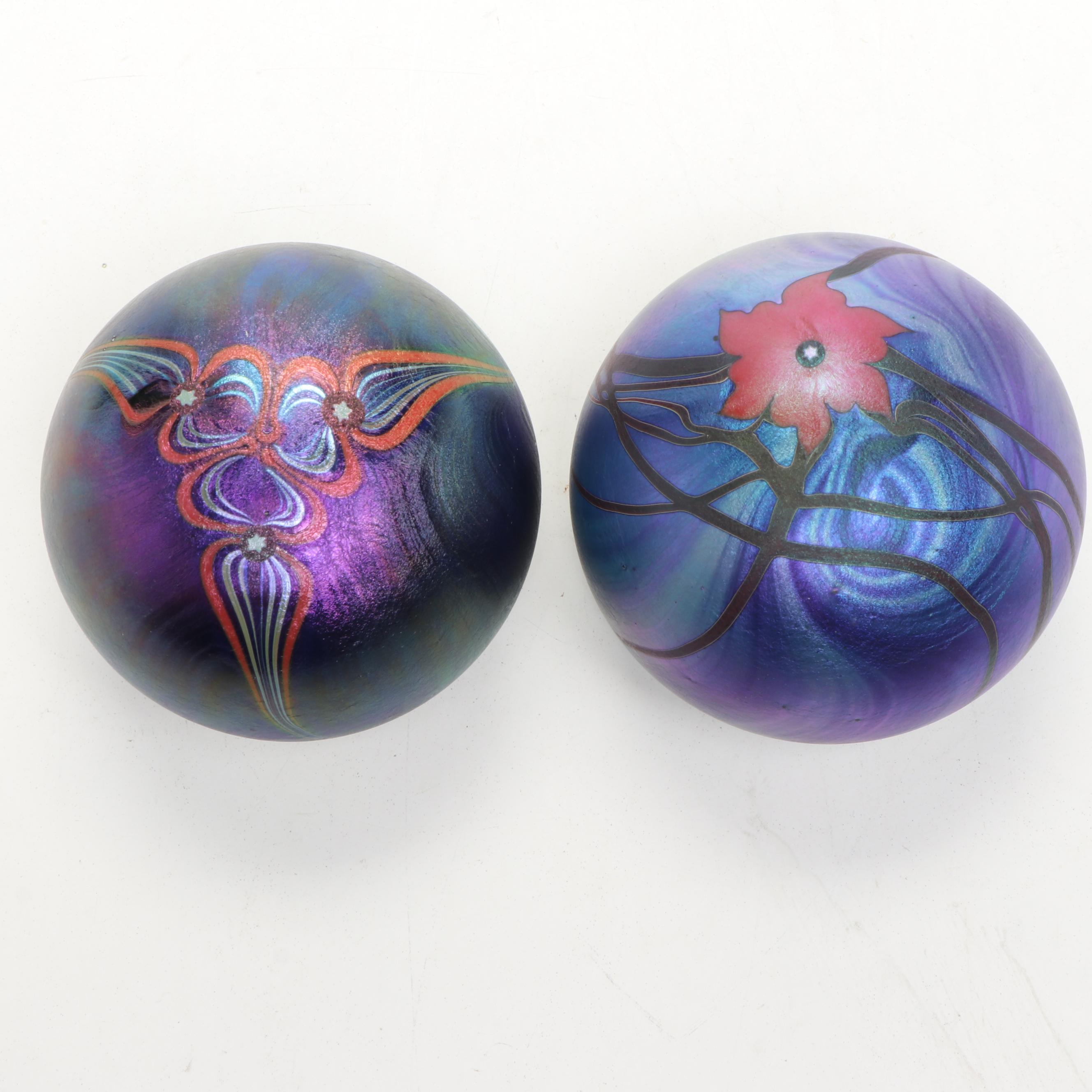 Correia Feathered Art Glass Bud Vase with Lundberg Studios Paperweights