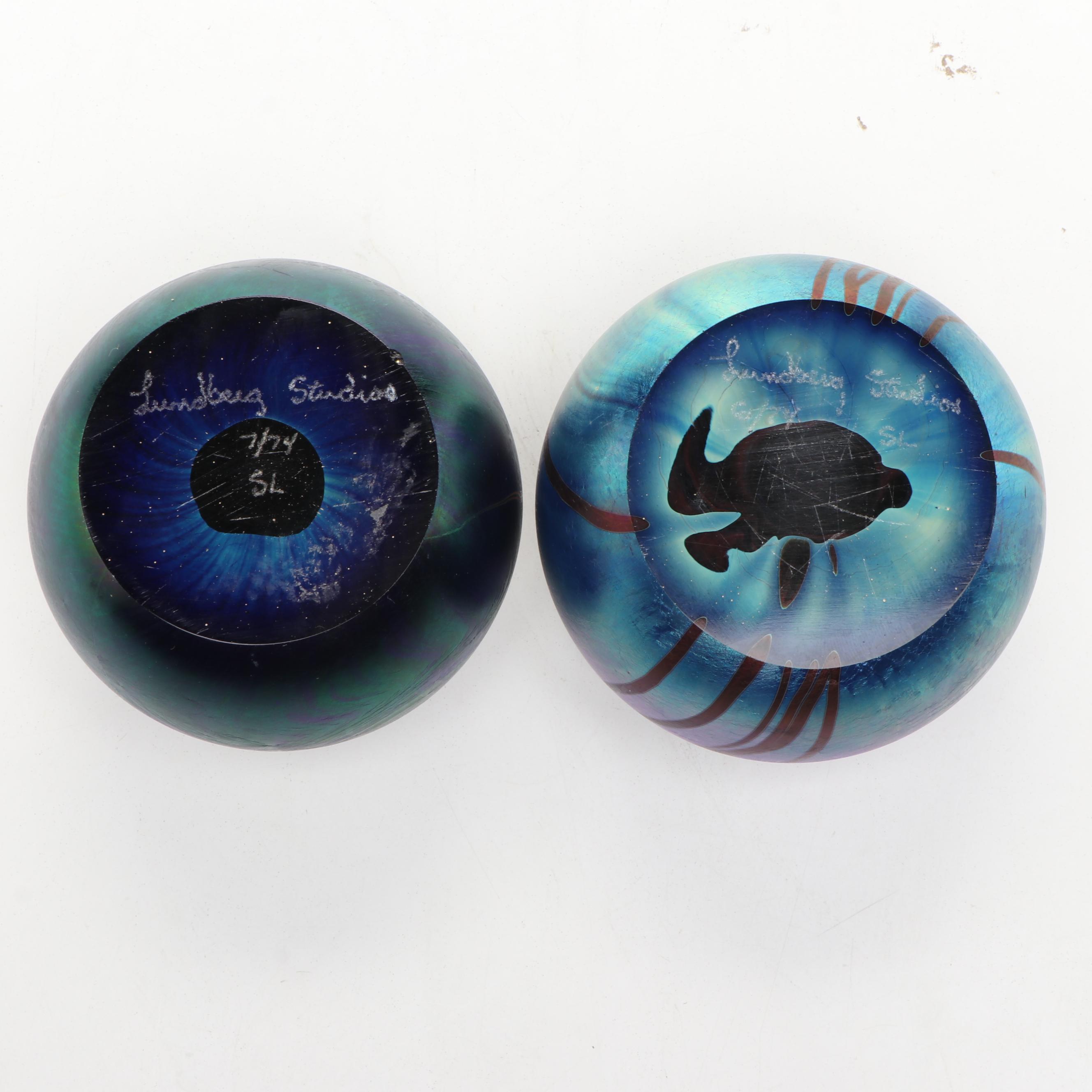 Correia Feathered Art Glass Bud Vase with Lundberg Studios Paperweights