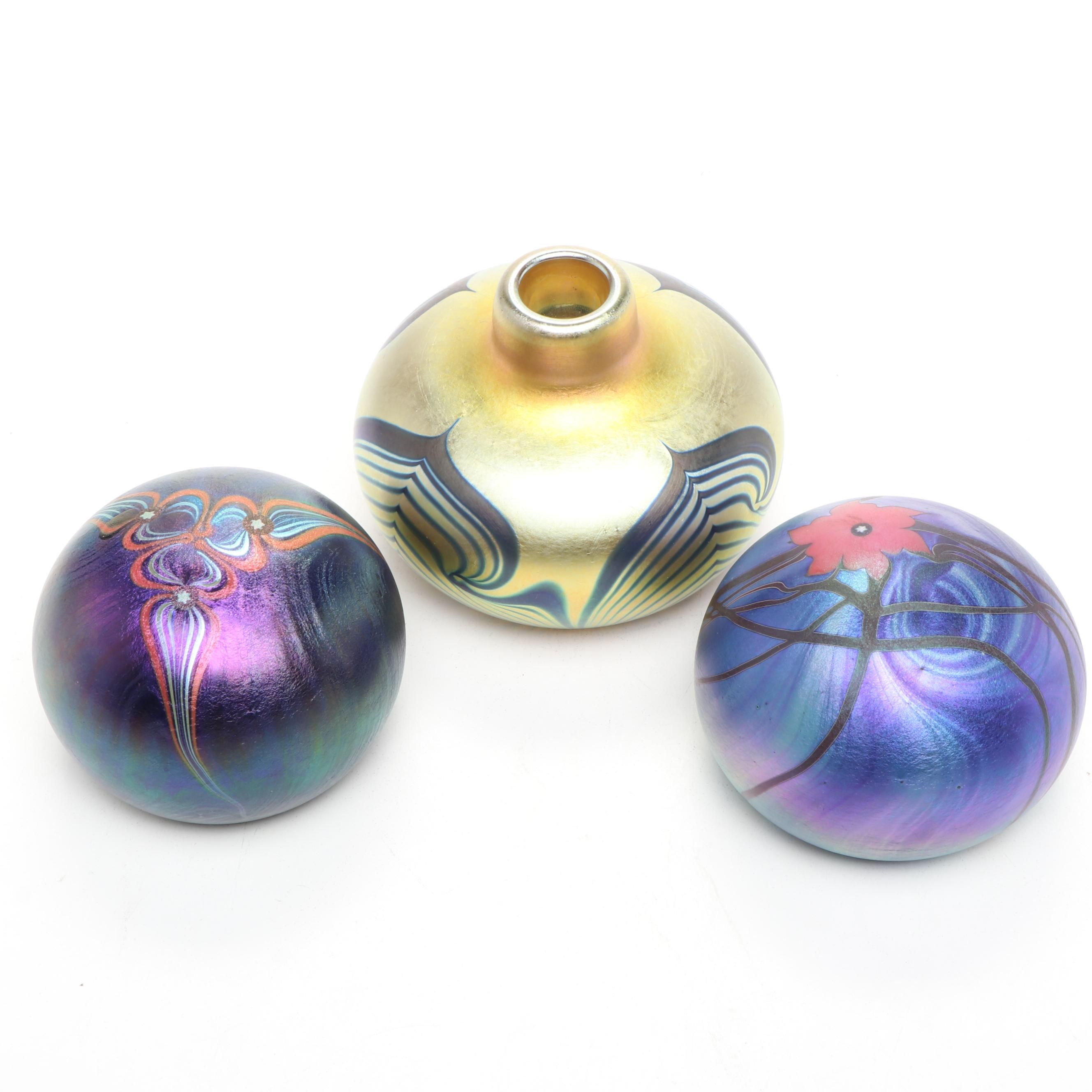 Correia Feathered Art Glass Bud Vase with Lundberg Studios Paperweights