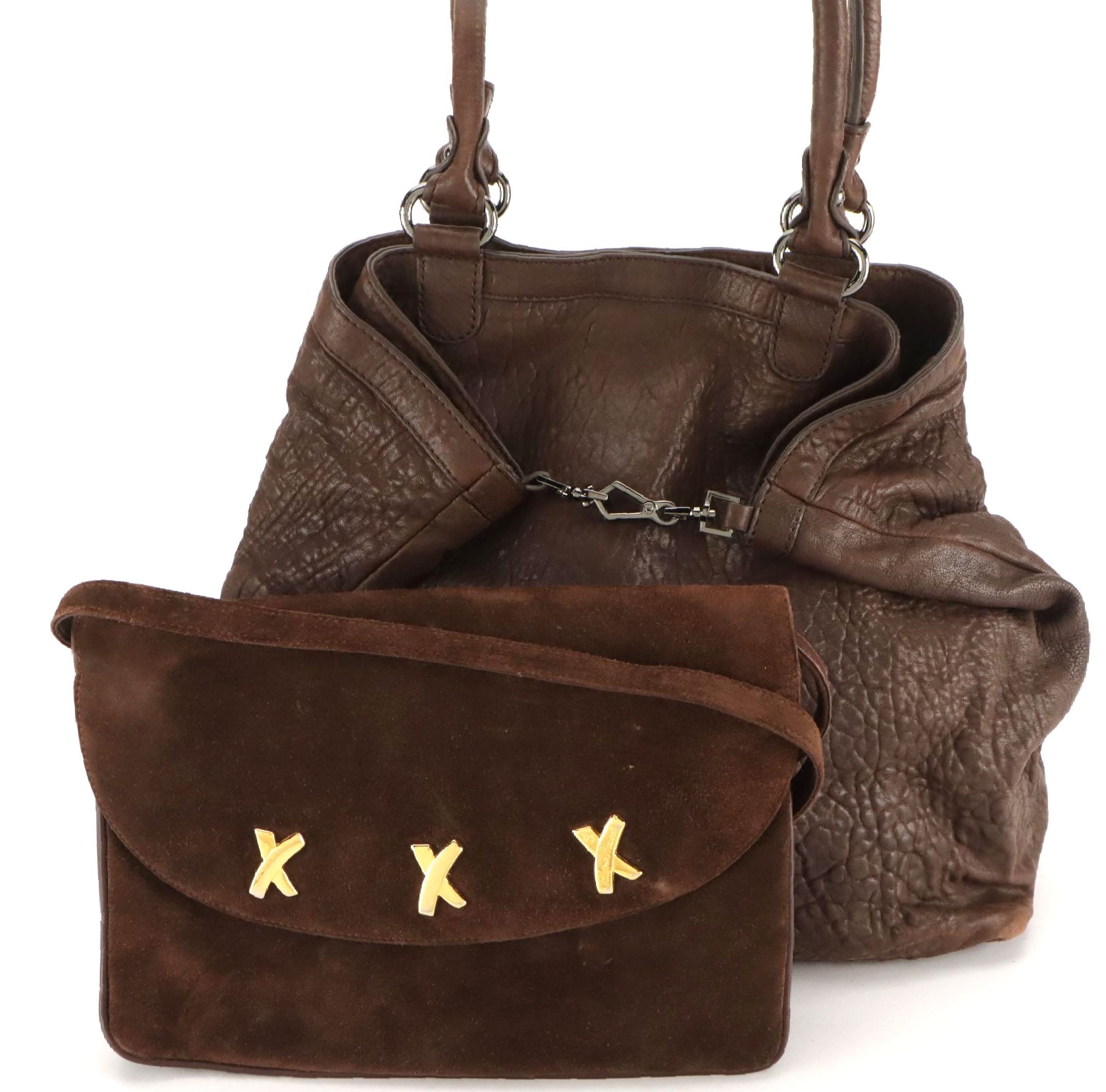 Paloma Picasso Brown Suede Convertible Clutch and Worth Grained Leather Tote