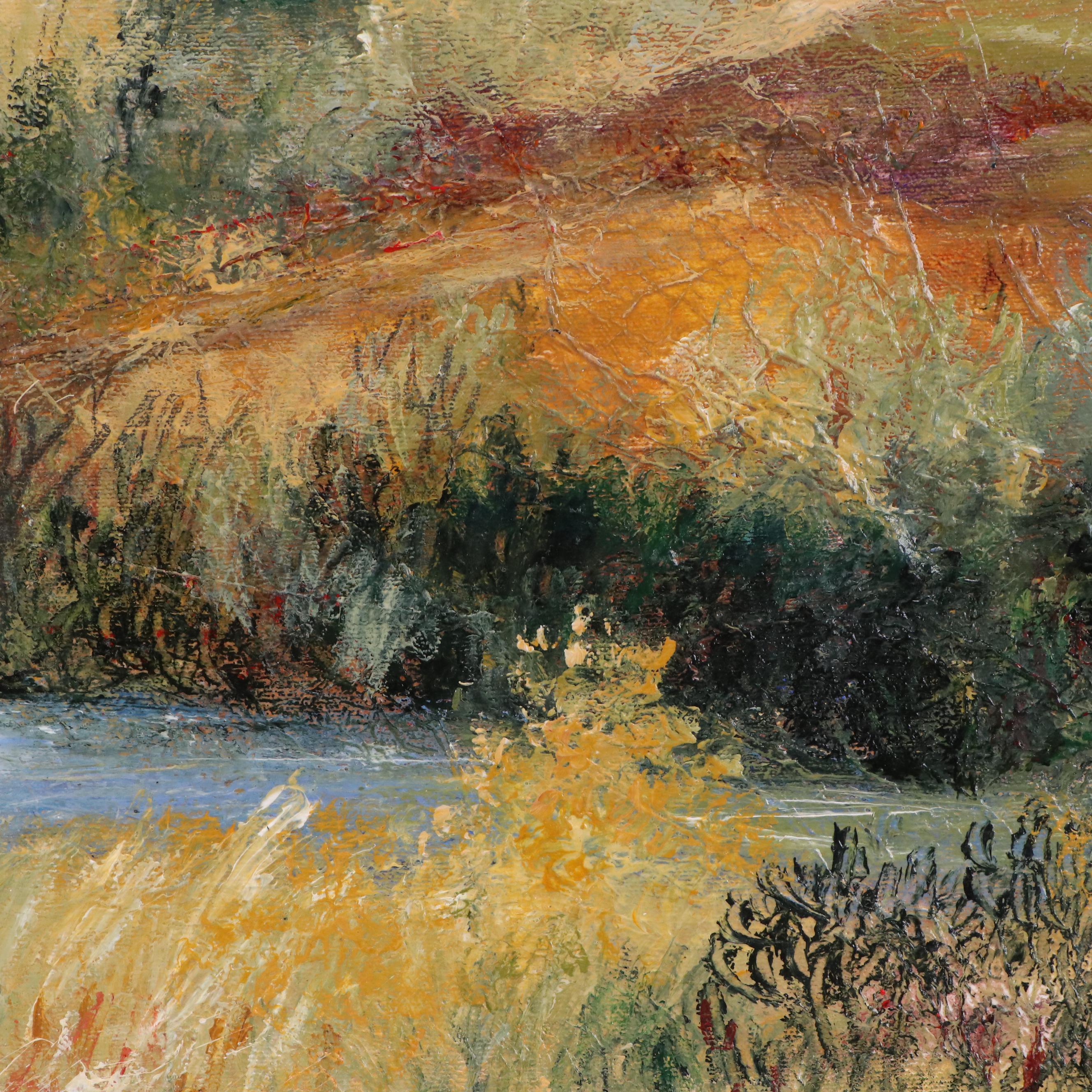 Impasto Landscape Oil Painting of Meandering River, Late 20th to Early 21st C.
