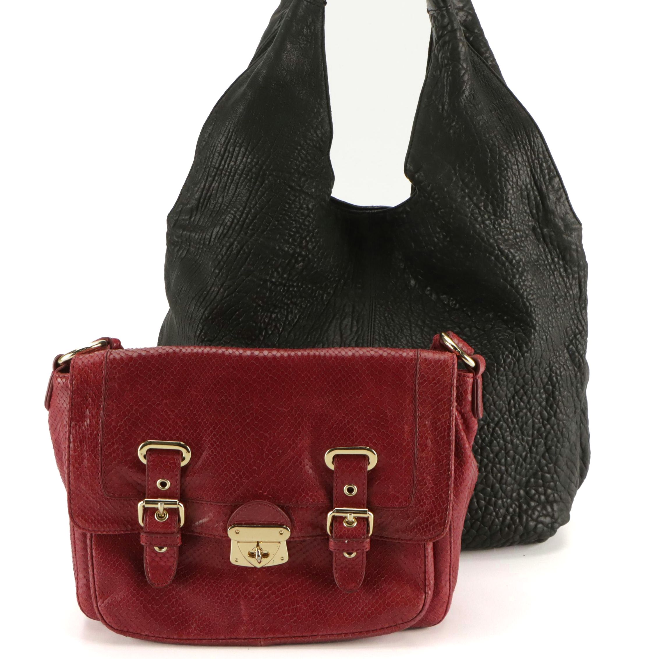 Worth Embossed Snakeskin Two-Way Messenger Bag W/ Large Grained Leather Hobo Bag