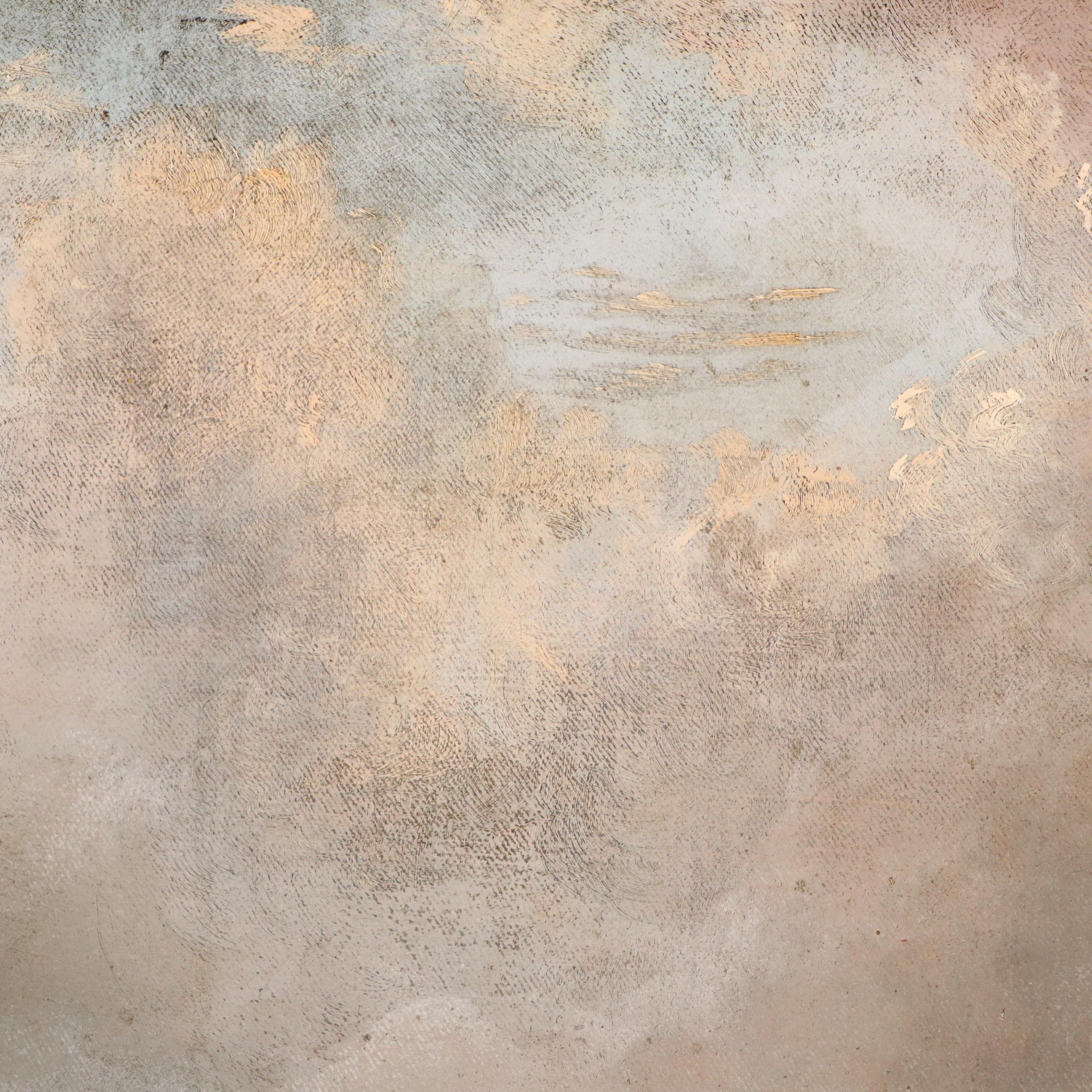 Genre Oil Painting of Farmers and Horses Near Hay Bale, Late 19th C.