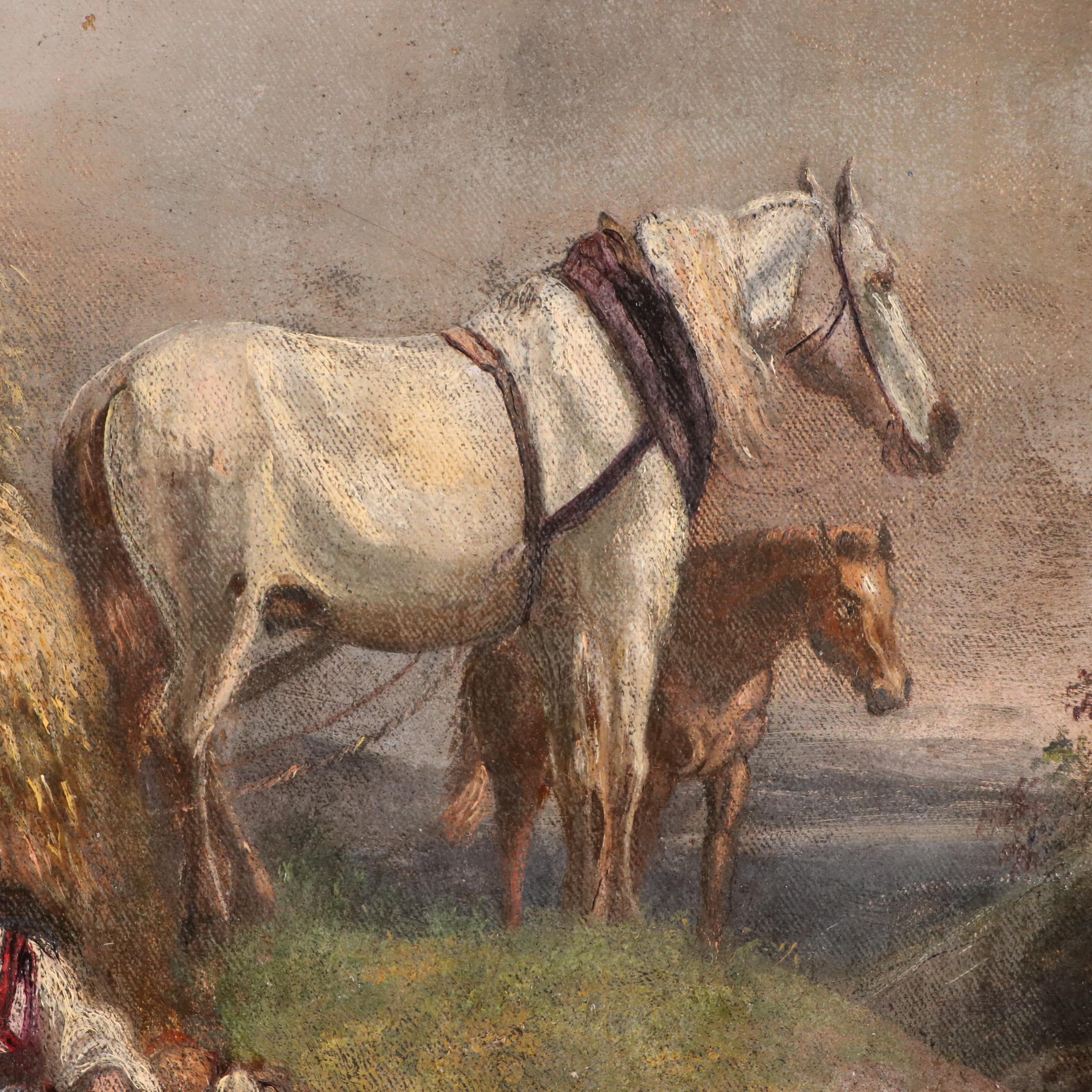 Genre Oil Painting of Farmers and Horses Near Hay Bale, Late 19th C.