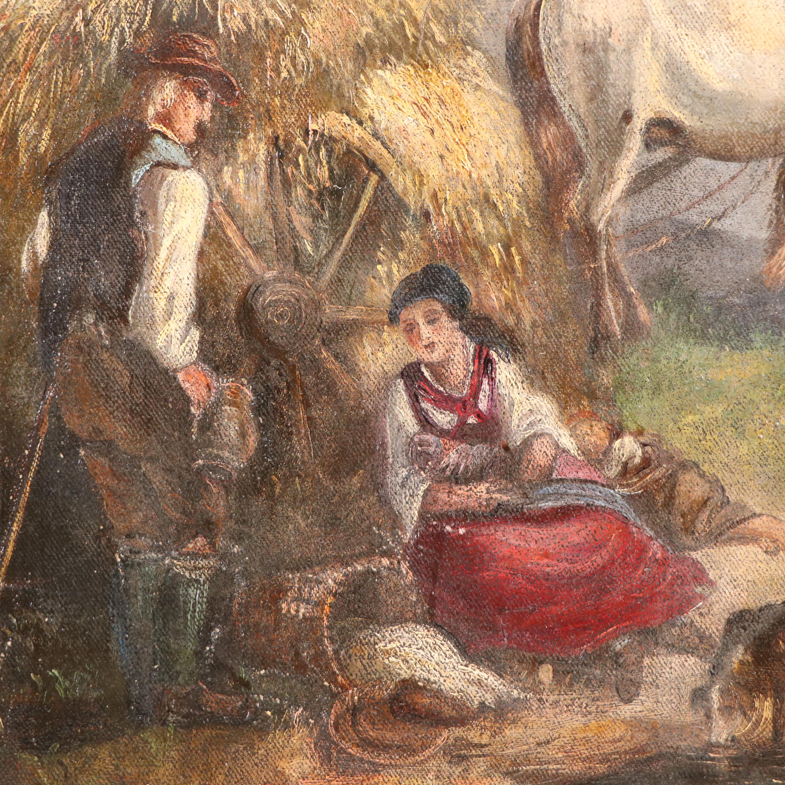 Genre Oil Painting of Farmers and Horses Near Hay Bale, Late 19th C.