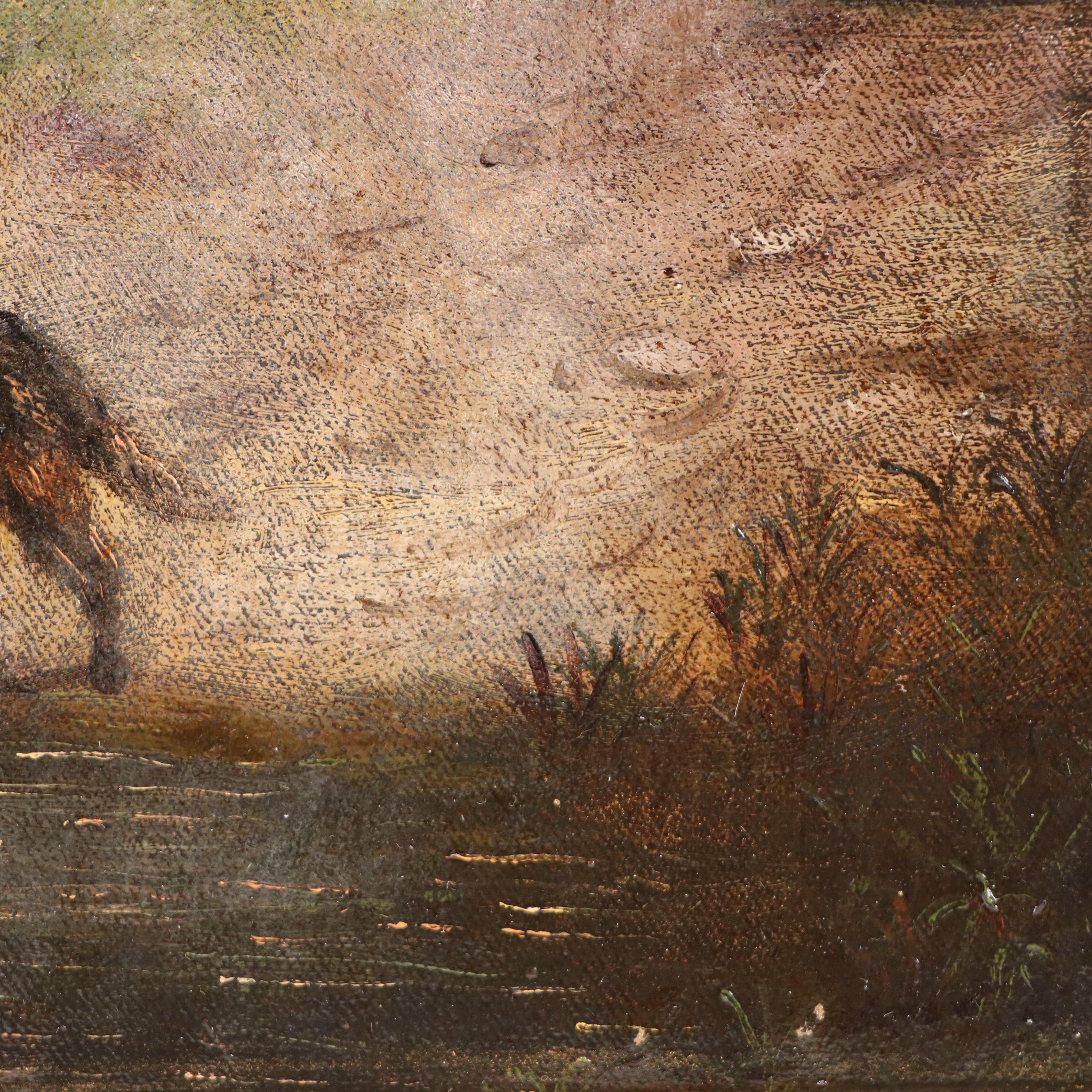 Genre Oil Painting of Farmers and Horses Near Hay Bale, Late 19th C.