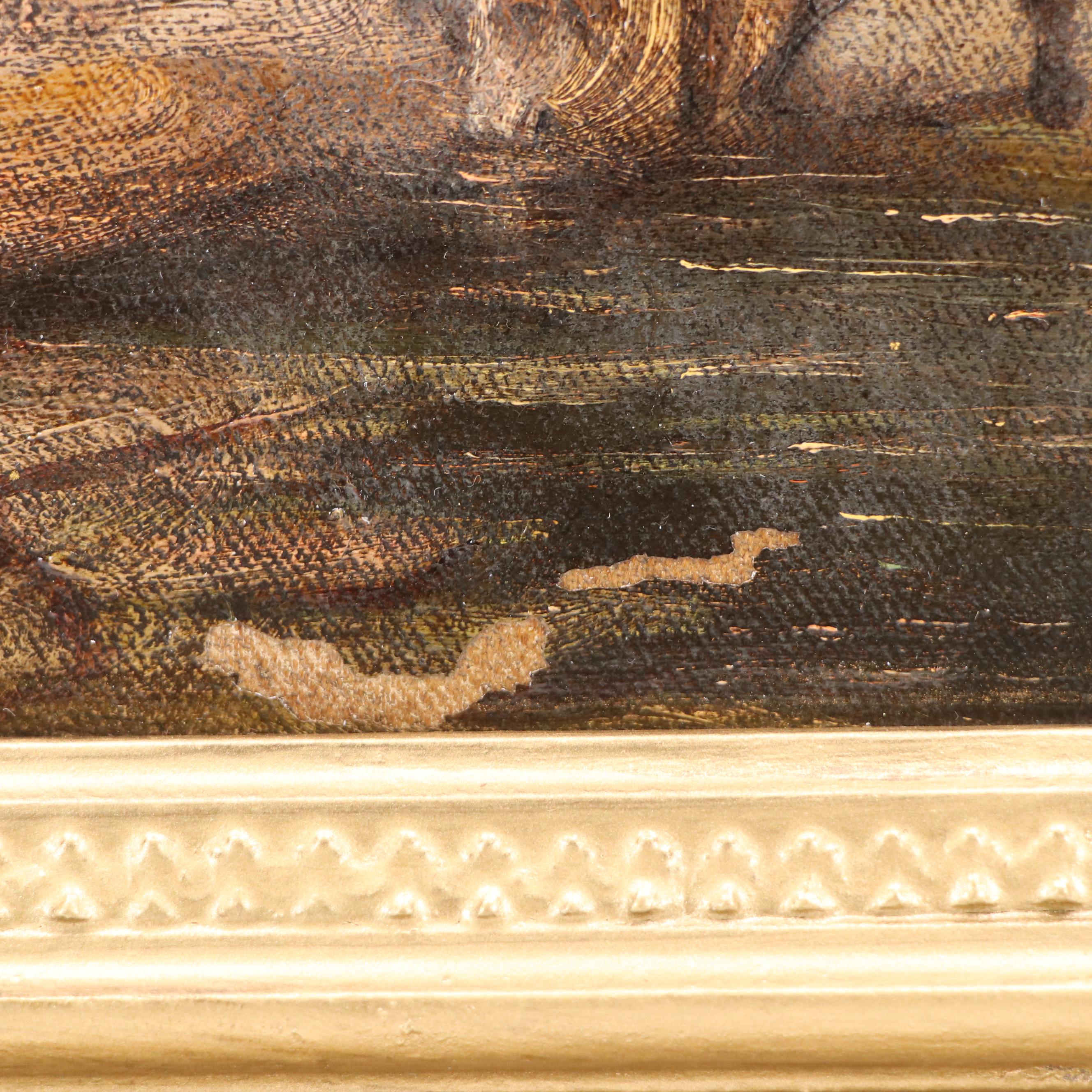 Genre Oil Painting of Farmers and Horses Near Hay Bale, Late 19th C.