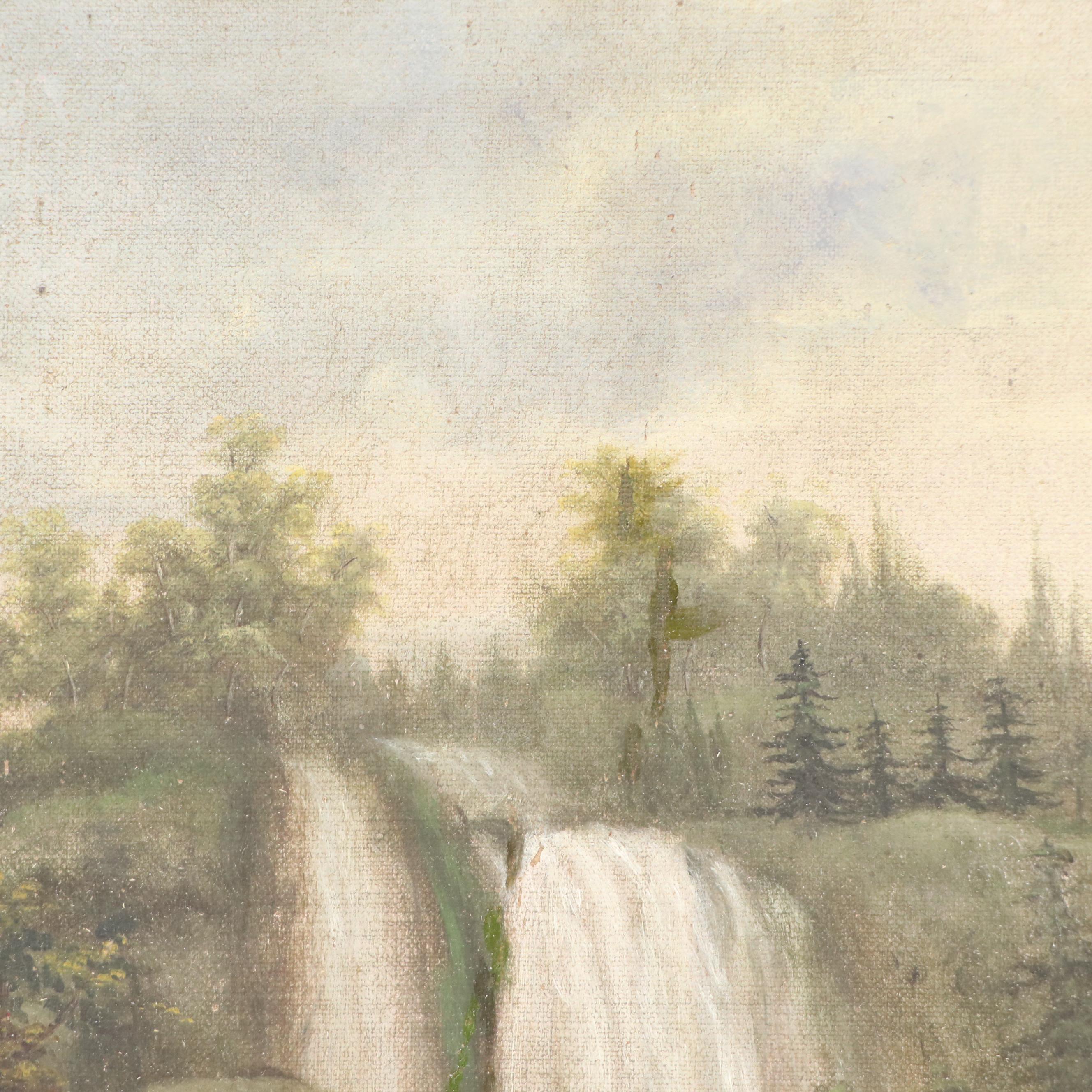 Landscape Oil Painting of Verdant Forest Waterfall, Early to Mid-20th C.