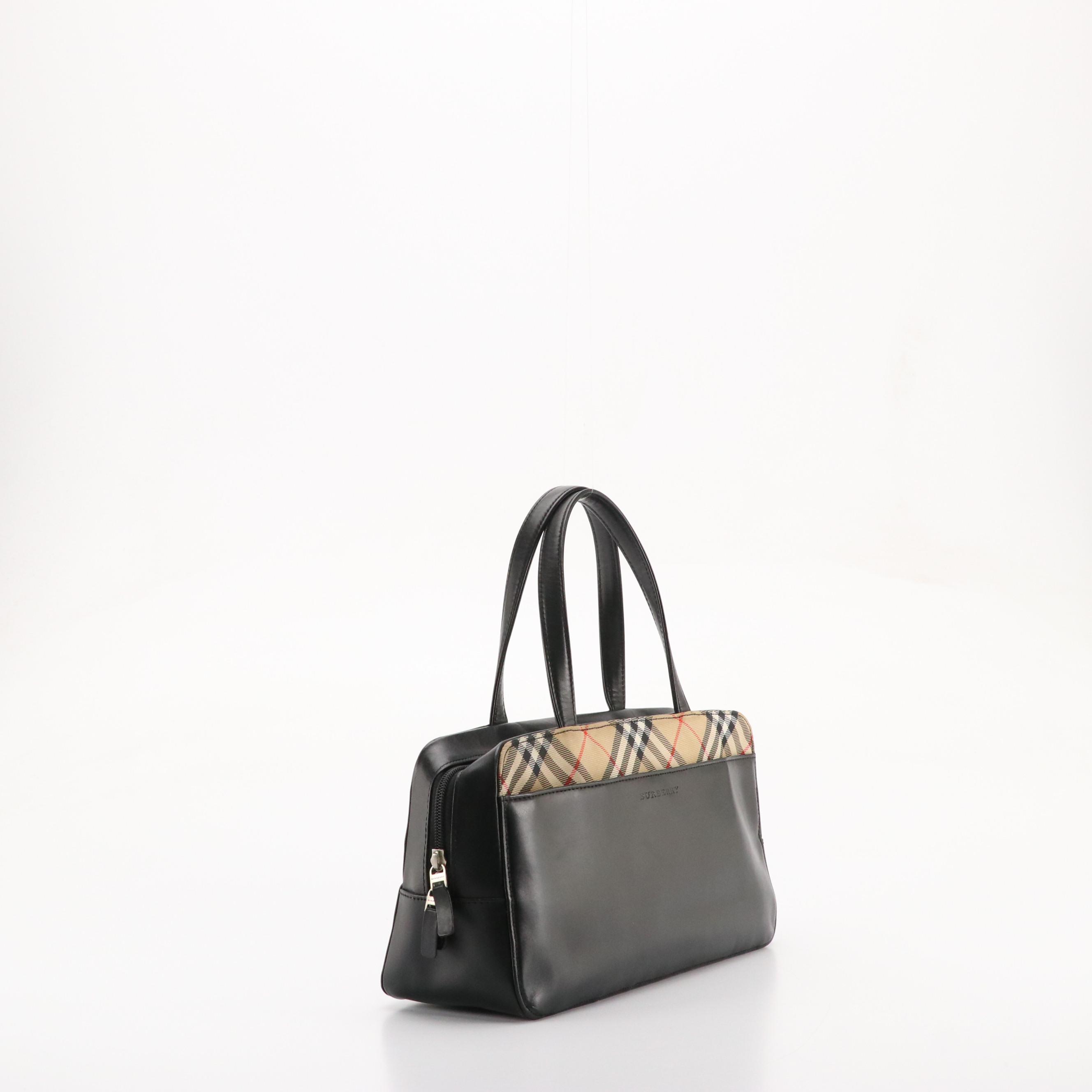 Burberry Zip-Around Top Handle Satchel in Calfskin Leather & Nova Check Accents