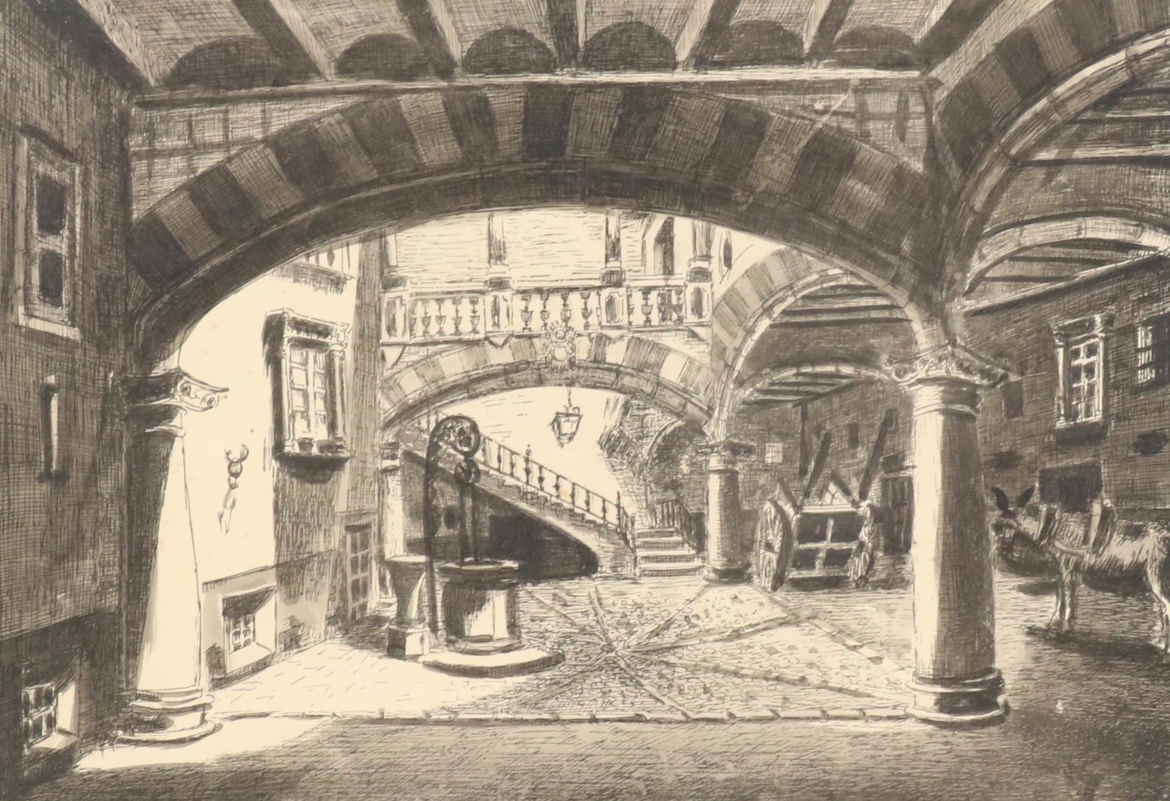 Hand-Colored Intaglio of Mallorcan Ca n'Oleza Courtyard