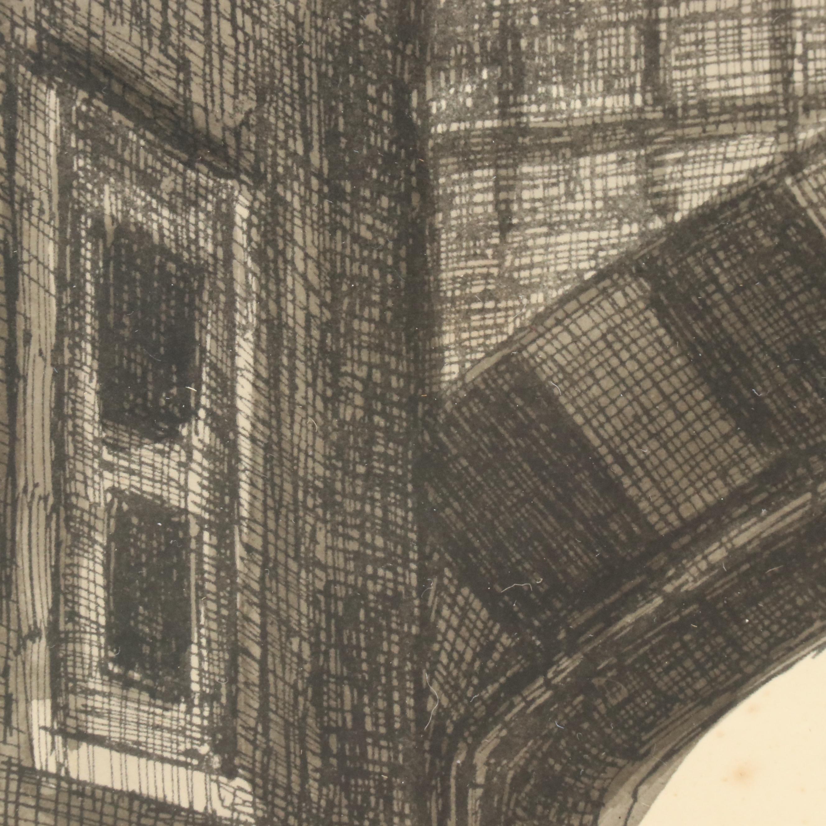 Hand-Colored Intaglio of Mallorcan Ca n'Oleza Courtyard