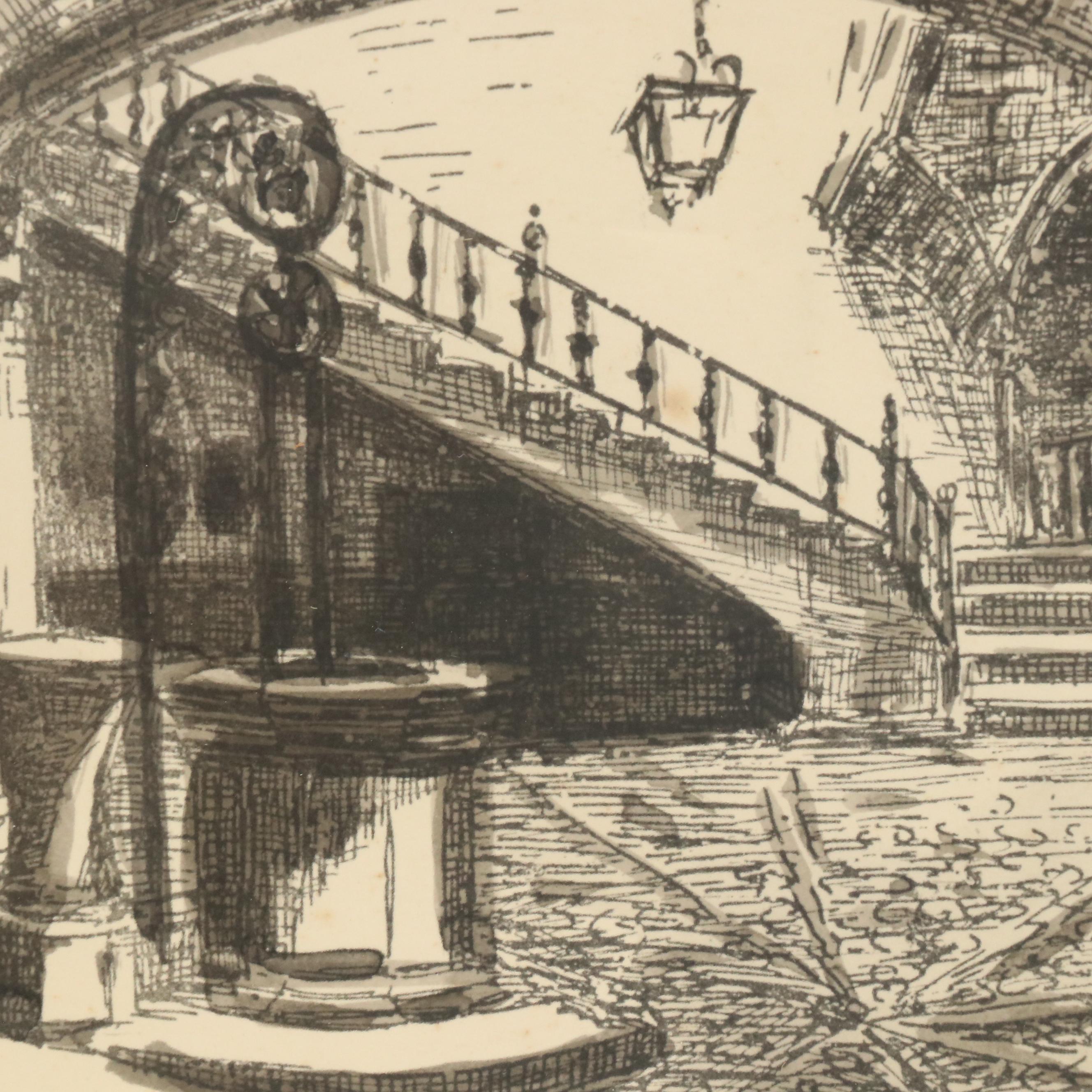 Hand-Colored Intaglio of Mallorcan Ca n'Oleza Courtyard