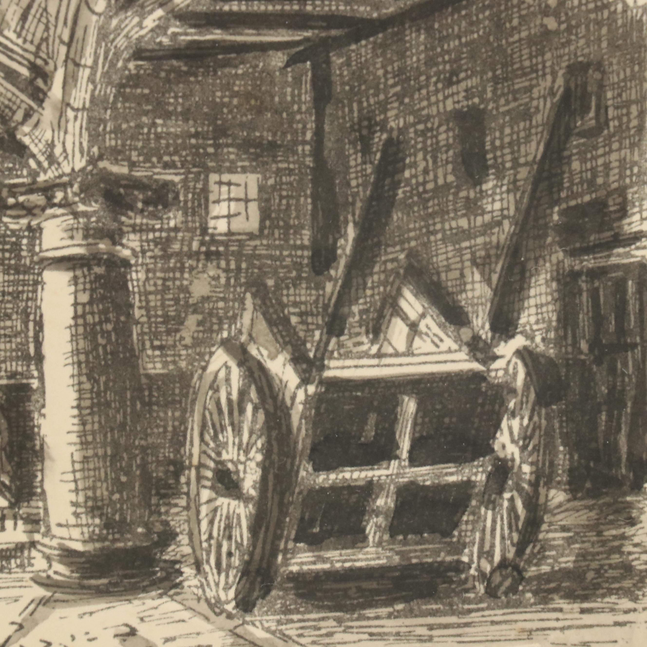 Hand-Colored Intaglio of Mallorcan Ca n'Oleza Courtyard