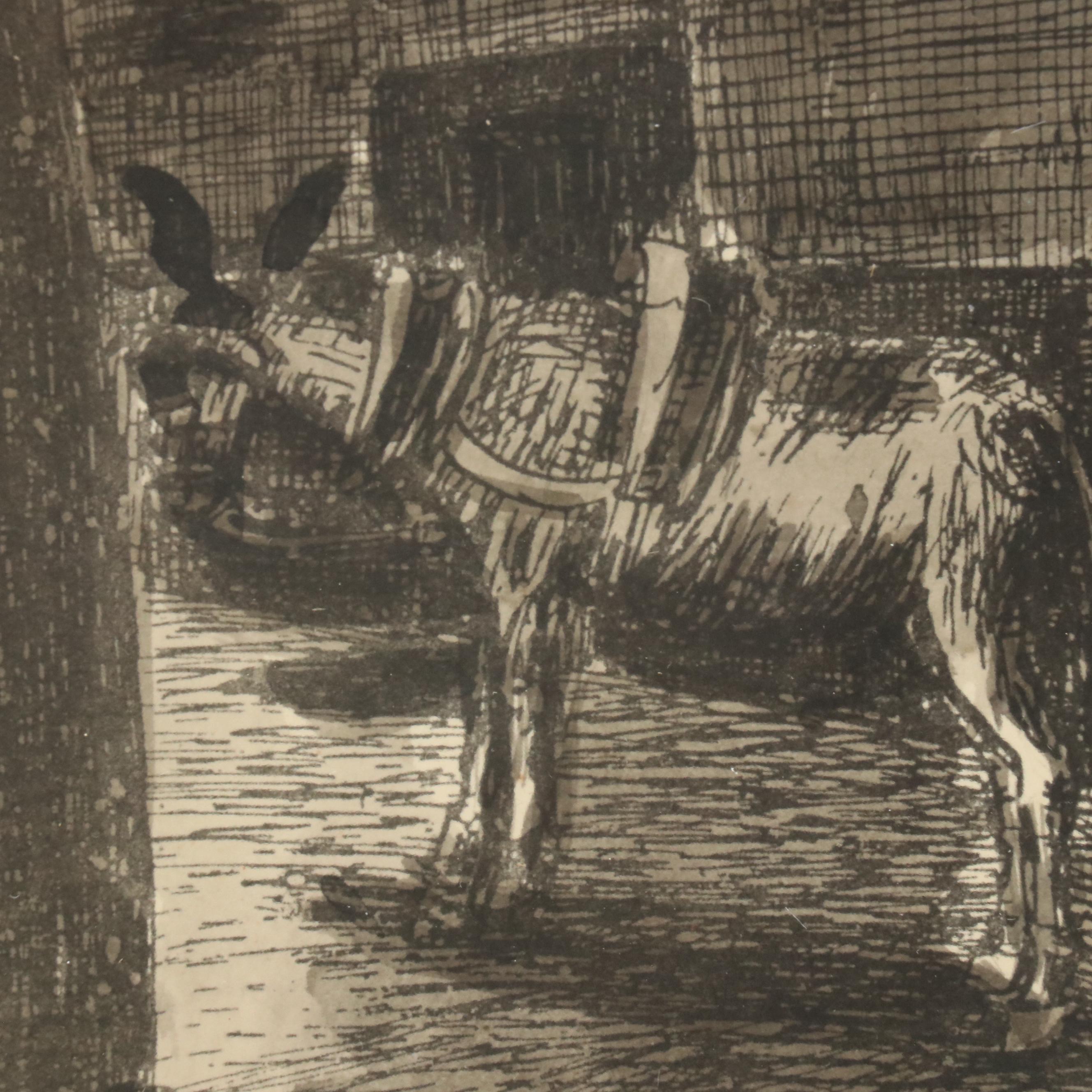 Hand-Colored Intaglio of Mallorcan Ca n'Oleza Courtyard