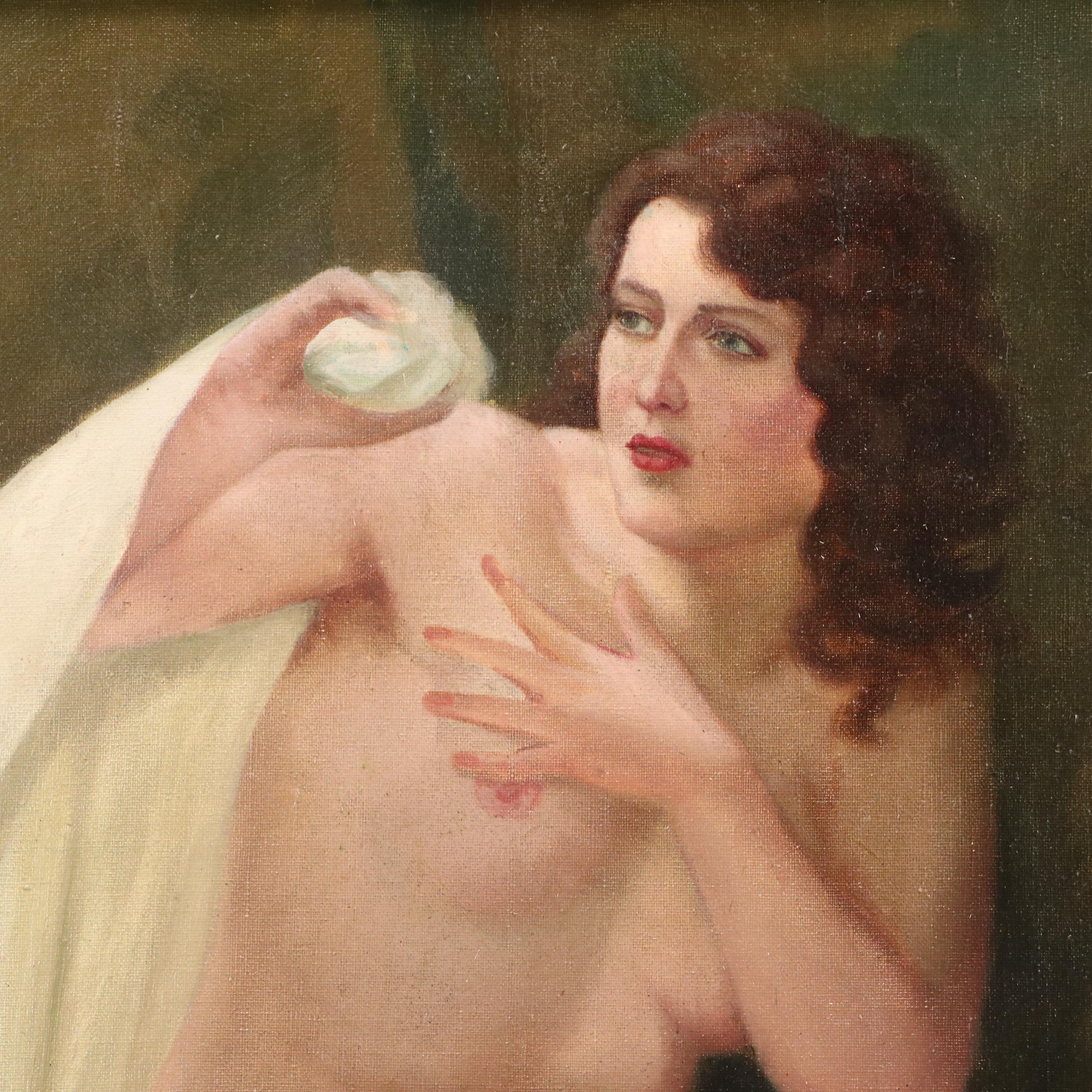 Portrait Oil Painting of Nude Woman with Sheet, Early 20th Century