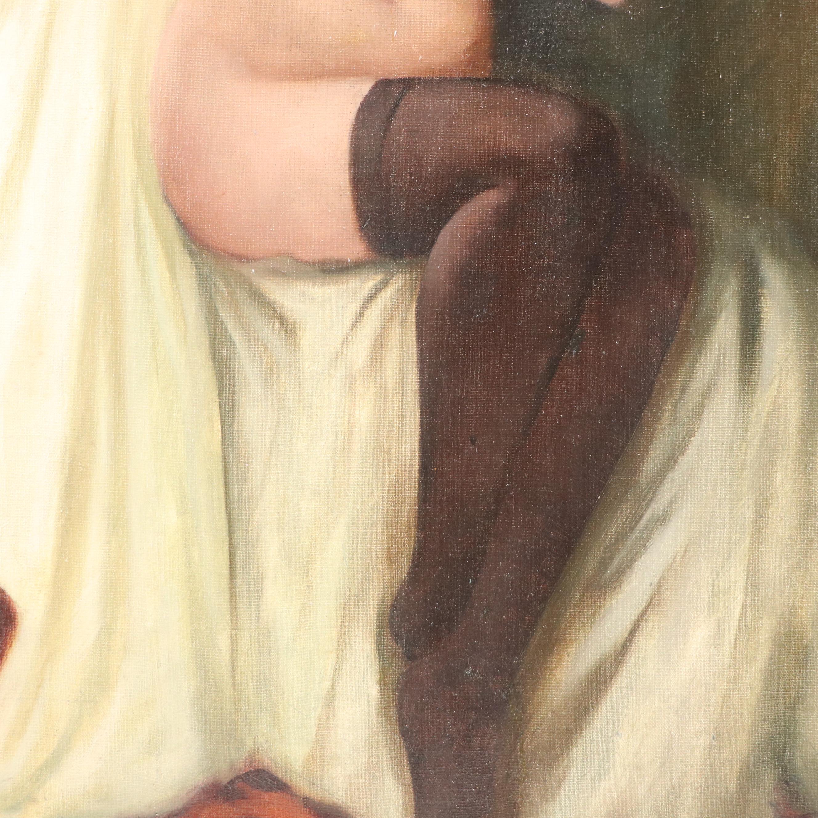 Portrait Oil Painting of Nude Woman with Sheet, Early 20th Century