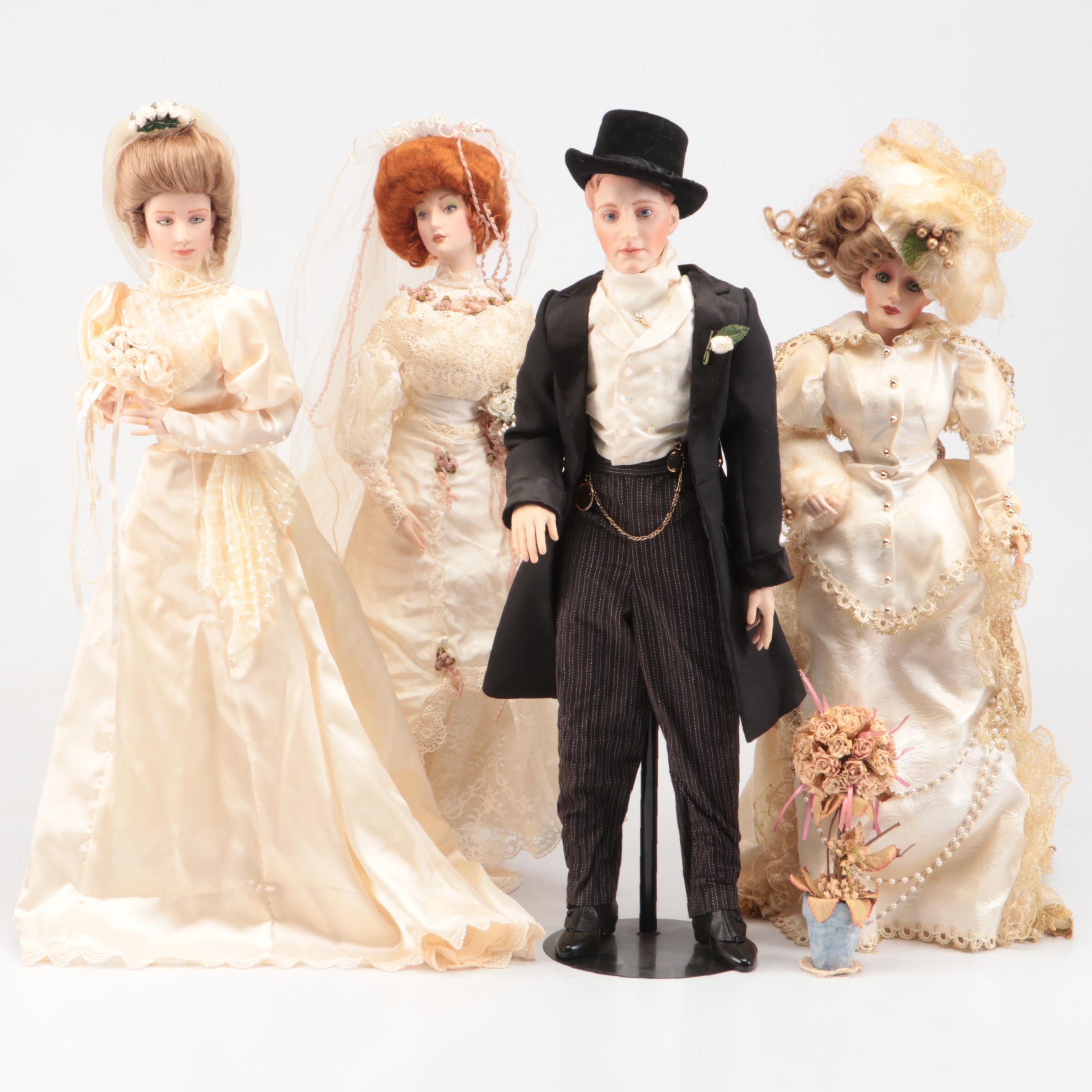 Franklin Heirloom "The Gibson Bride and Groom" with Other Dolls, Late 20th C.