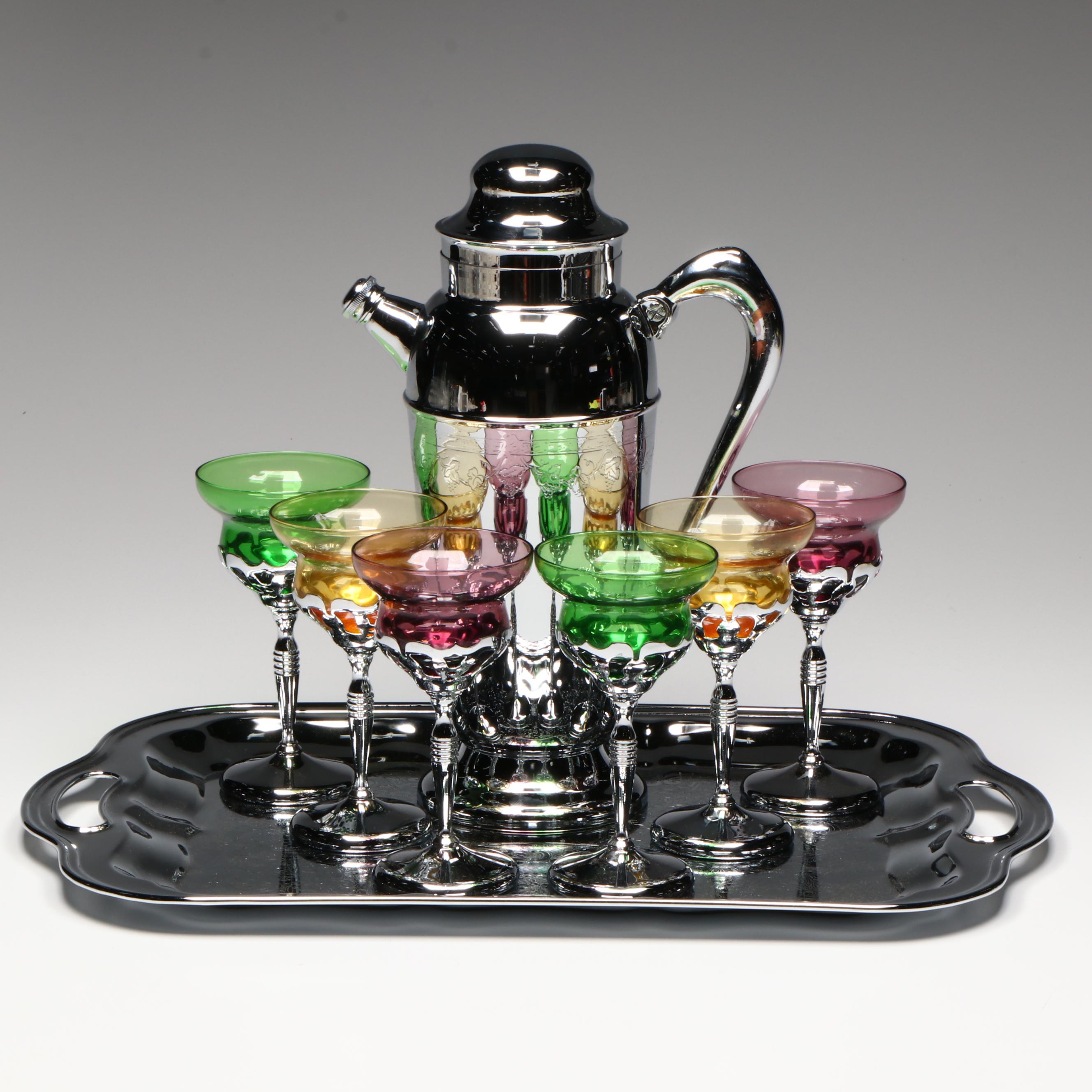 United Chromium of New York Art Deco Cocktail Glasses with Shaker and Tray