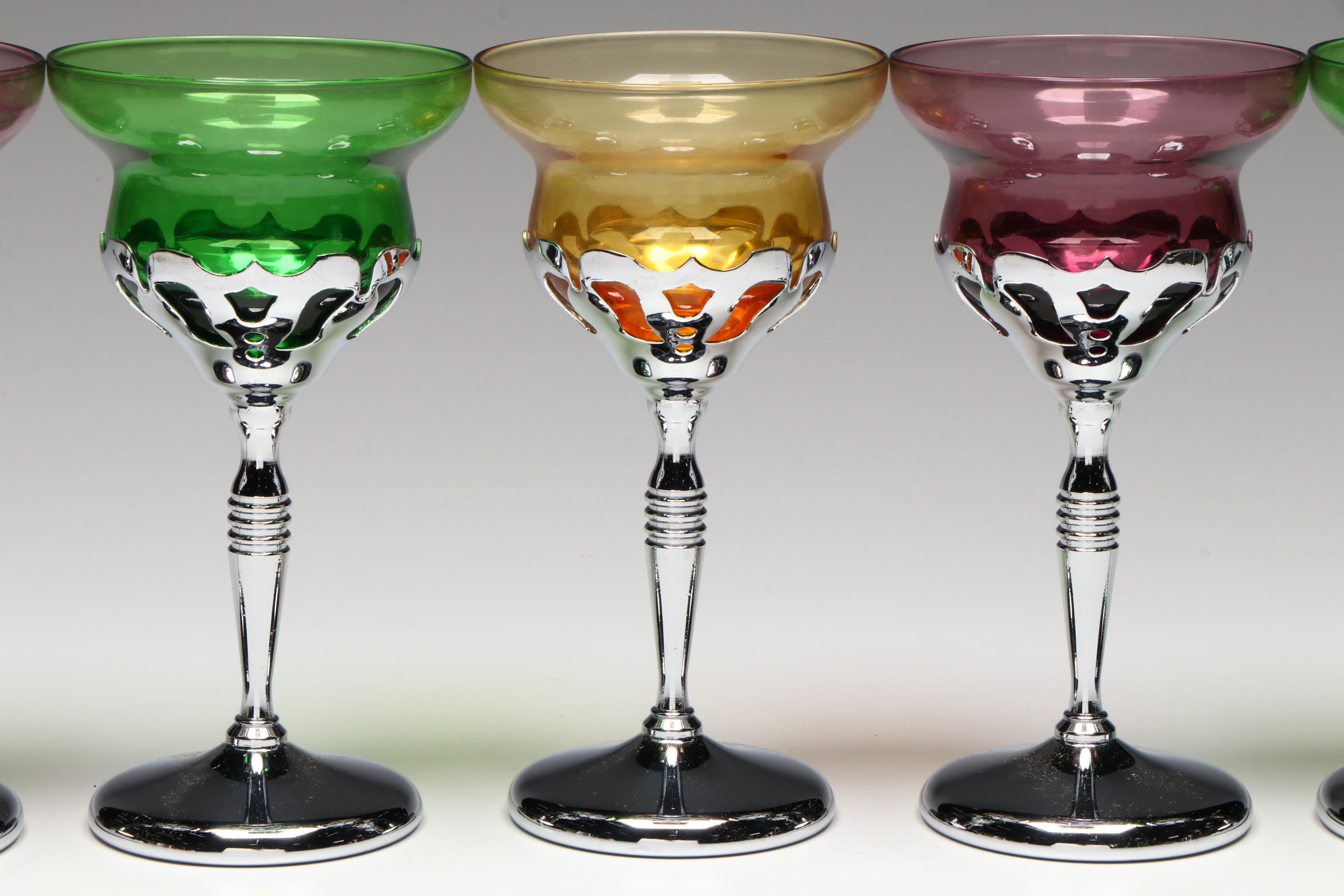 United Chromium of New York Art Deco Cocktail Glasses with Shaker and Tray
