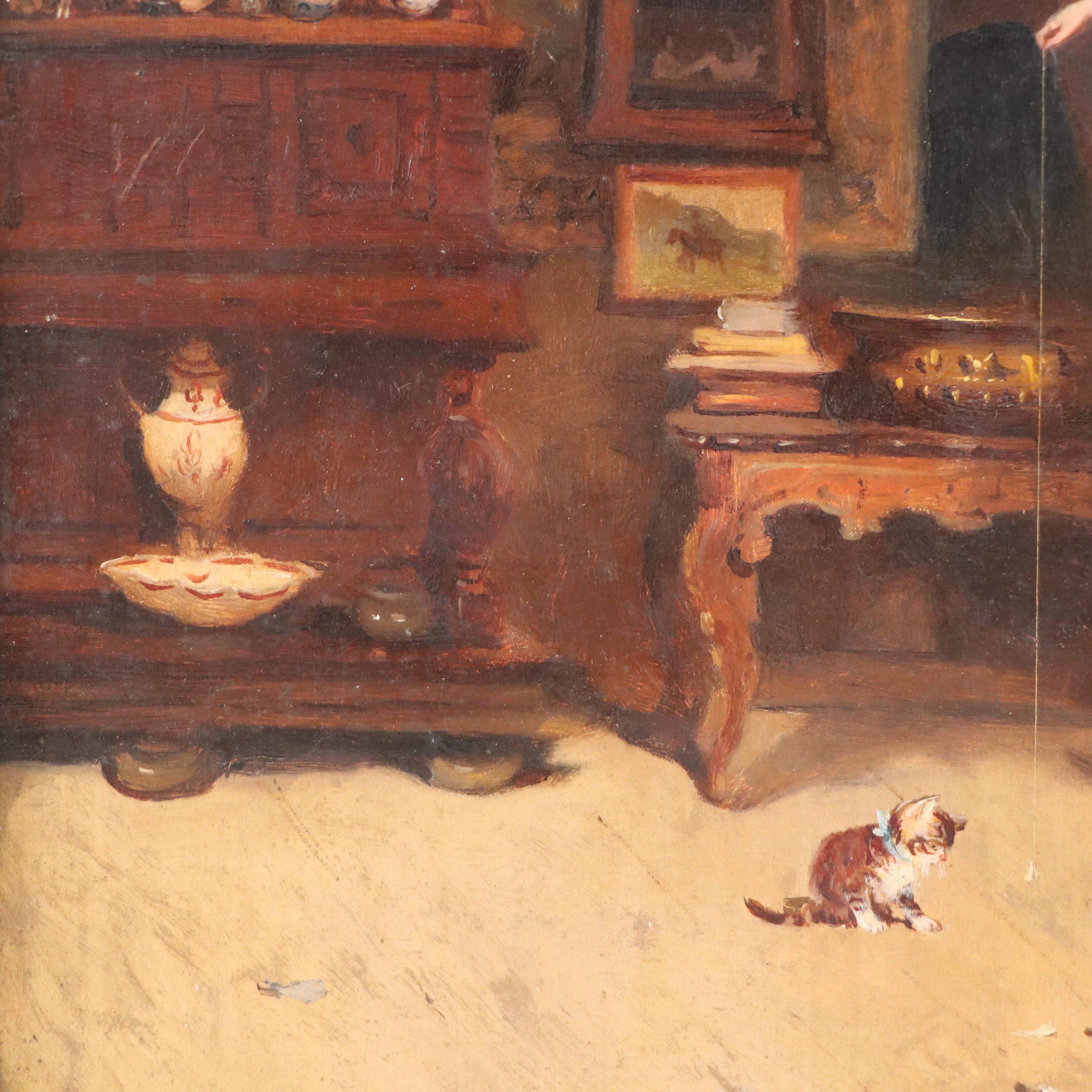 Tony Torta Genre Oil Painting of Maid Playing with Kitten, 1902