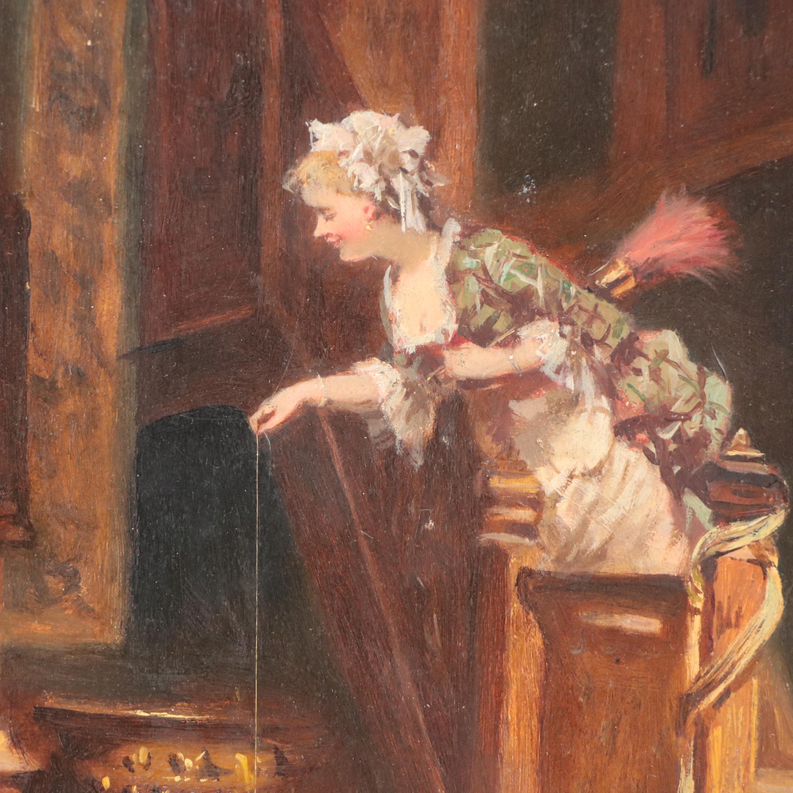 Tony Torta Genre Oil Painting of Maid Playing with Kitten, 1902