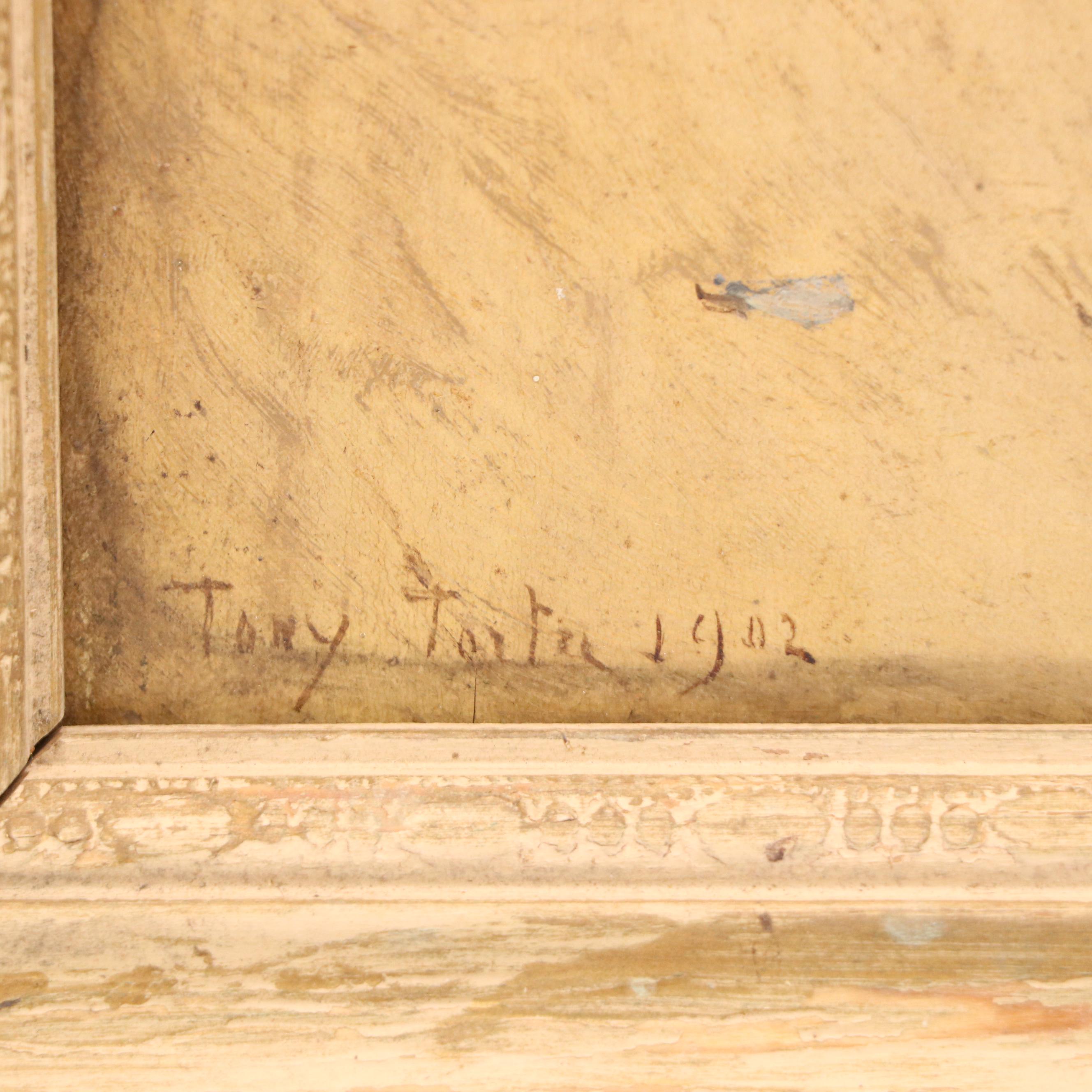 Tony Torta Genre Oil Painting of Maid Playing with Kitten, 1902