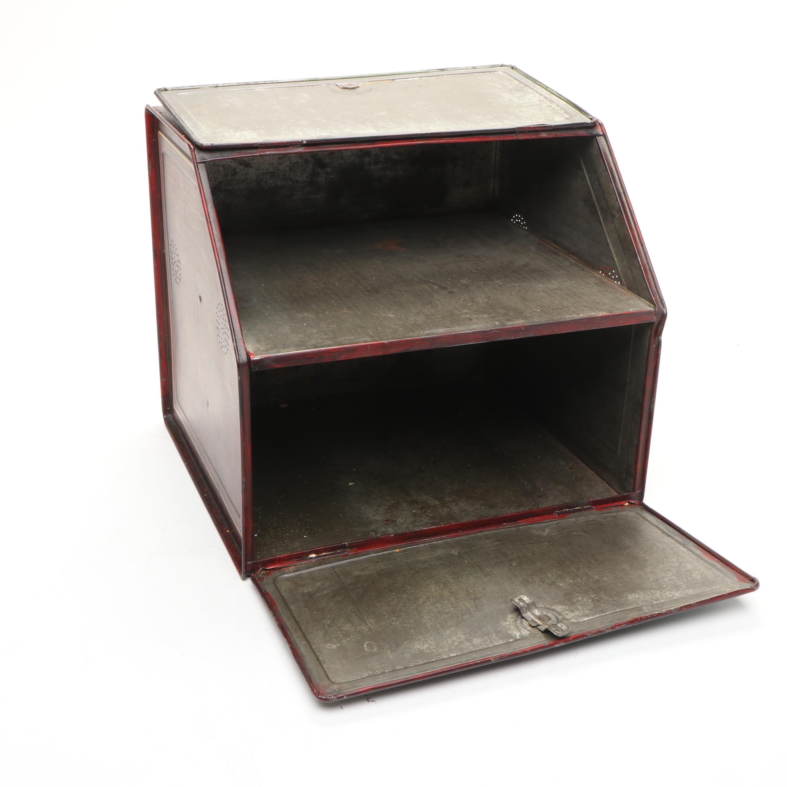 Americana Folk Art Hand-Painted and Signed Landscape Metal Hinged Breadbox