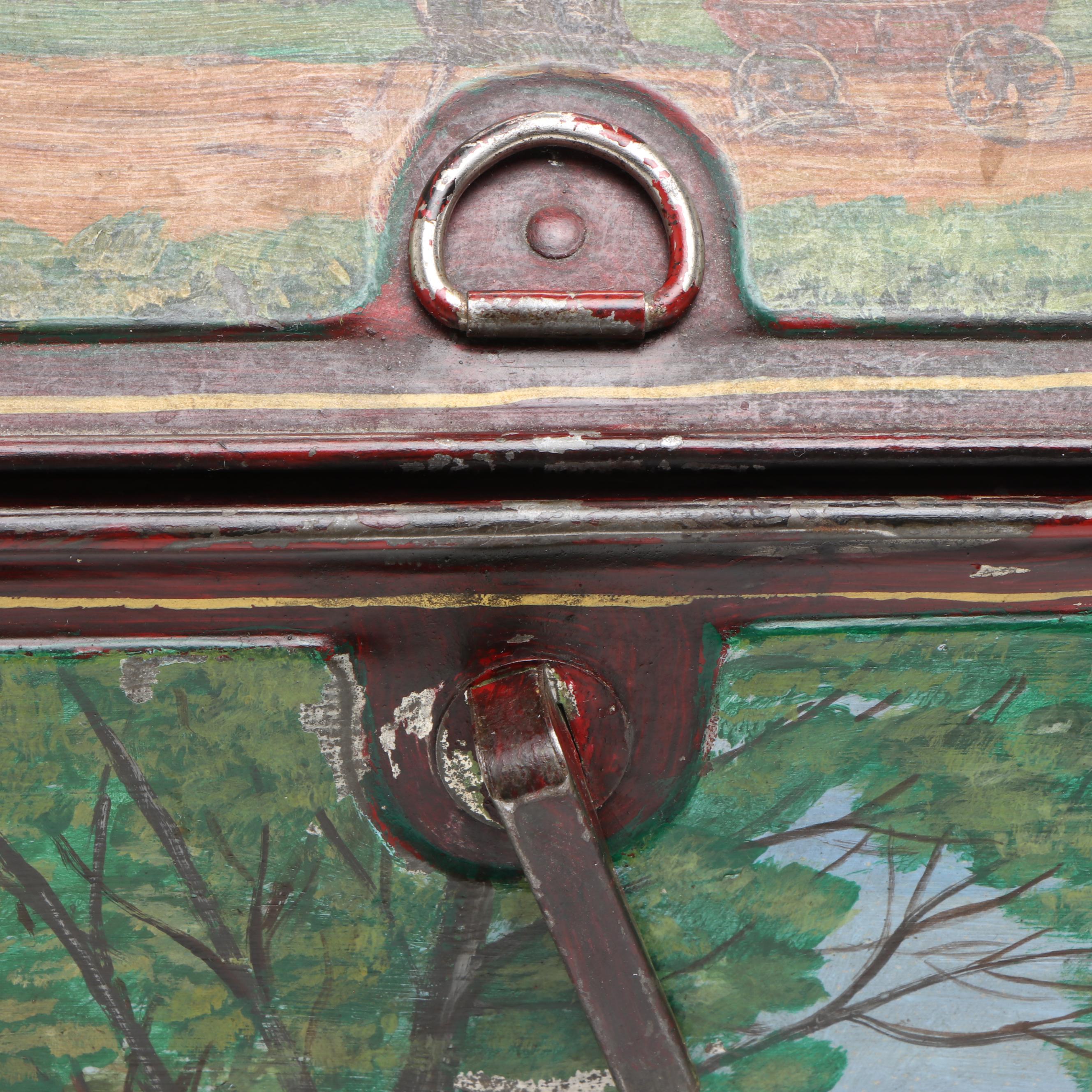 Americana Folk Art Hand-Painted and Signed Landscape Metal Hinged Breadbox