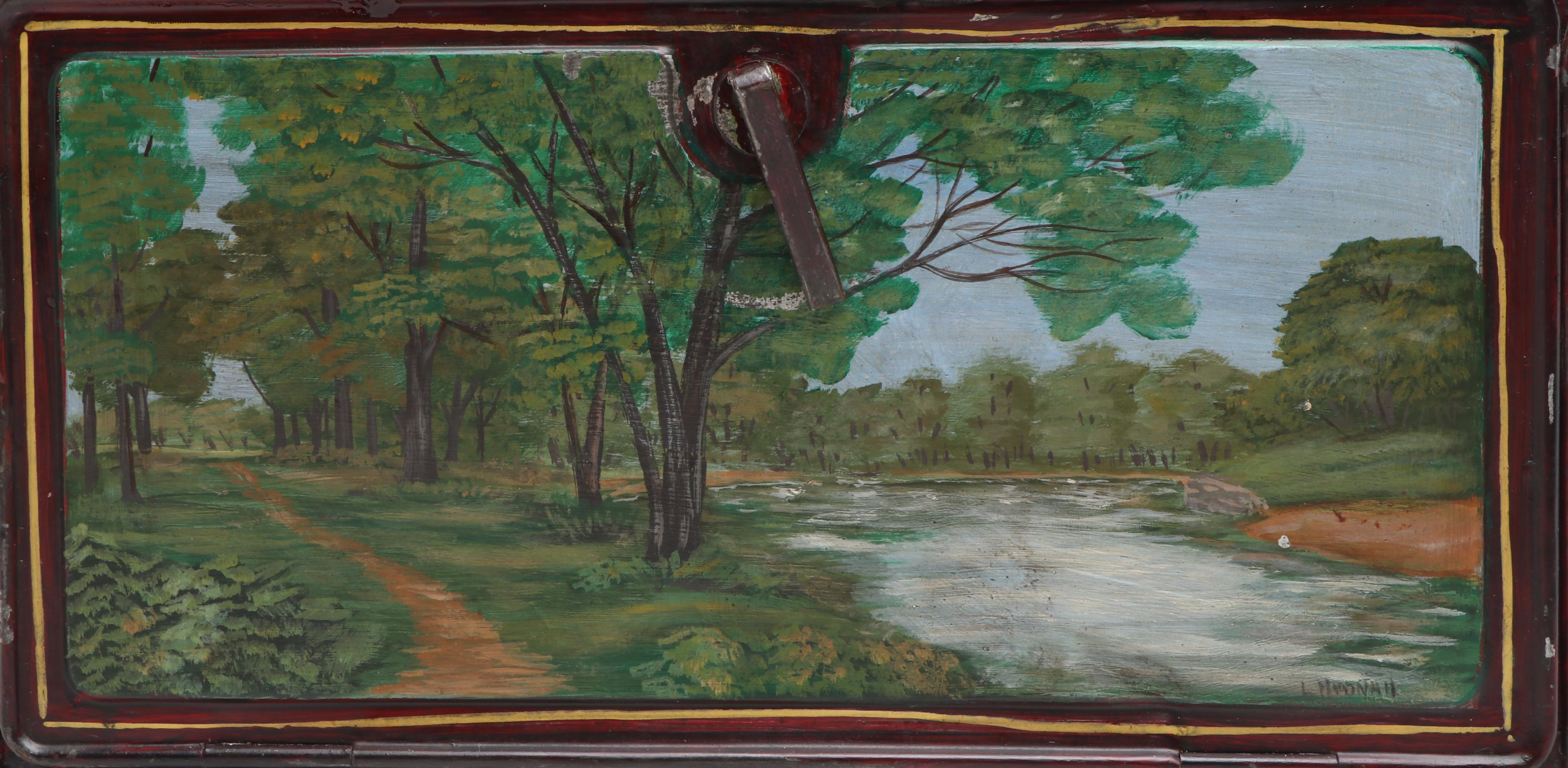 Americana Folk Art Hand-Painted and Signed Landscape Metal Hinged Breadbox