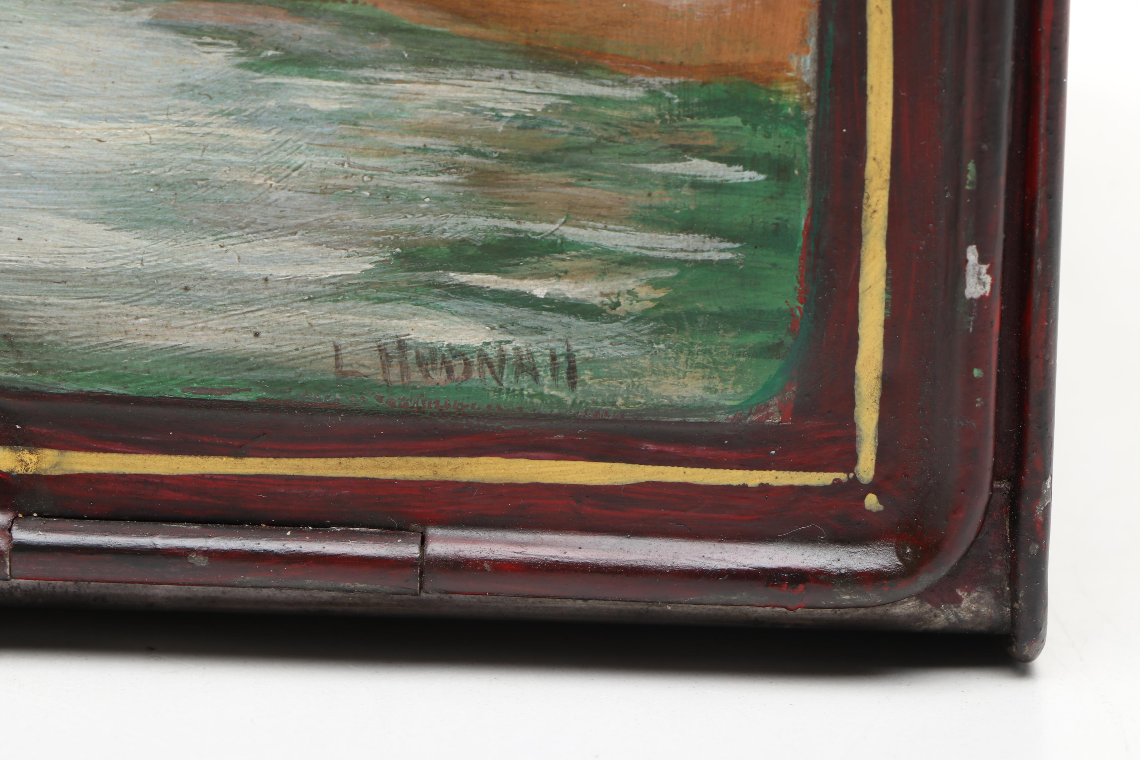 Americana Folk Art Hand-Painted and Signed Landscape Metal Hinged Breadbox