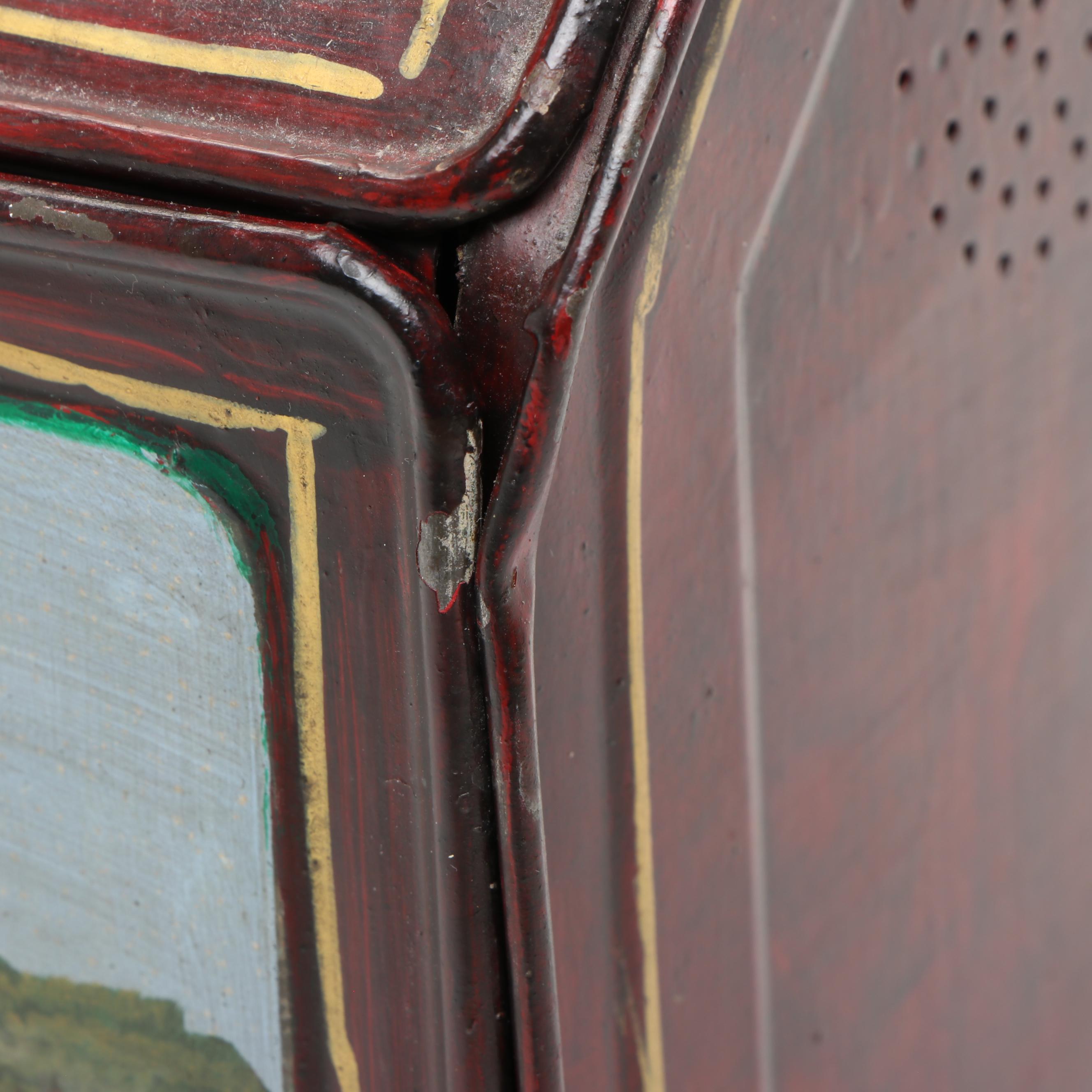 Americana Folk Art Hand-Painted and Signed Landscape Metal Hinged Breadbox