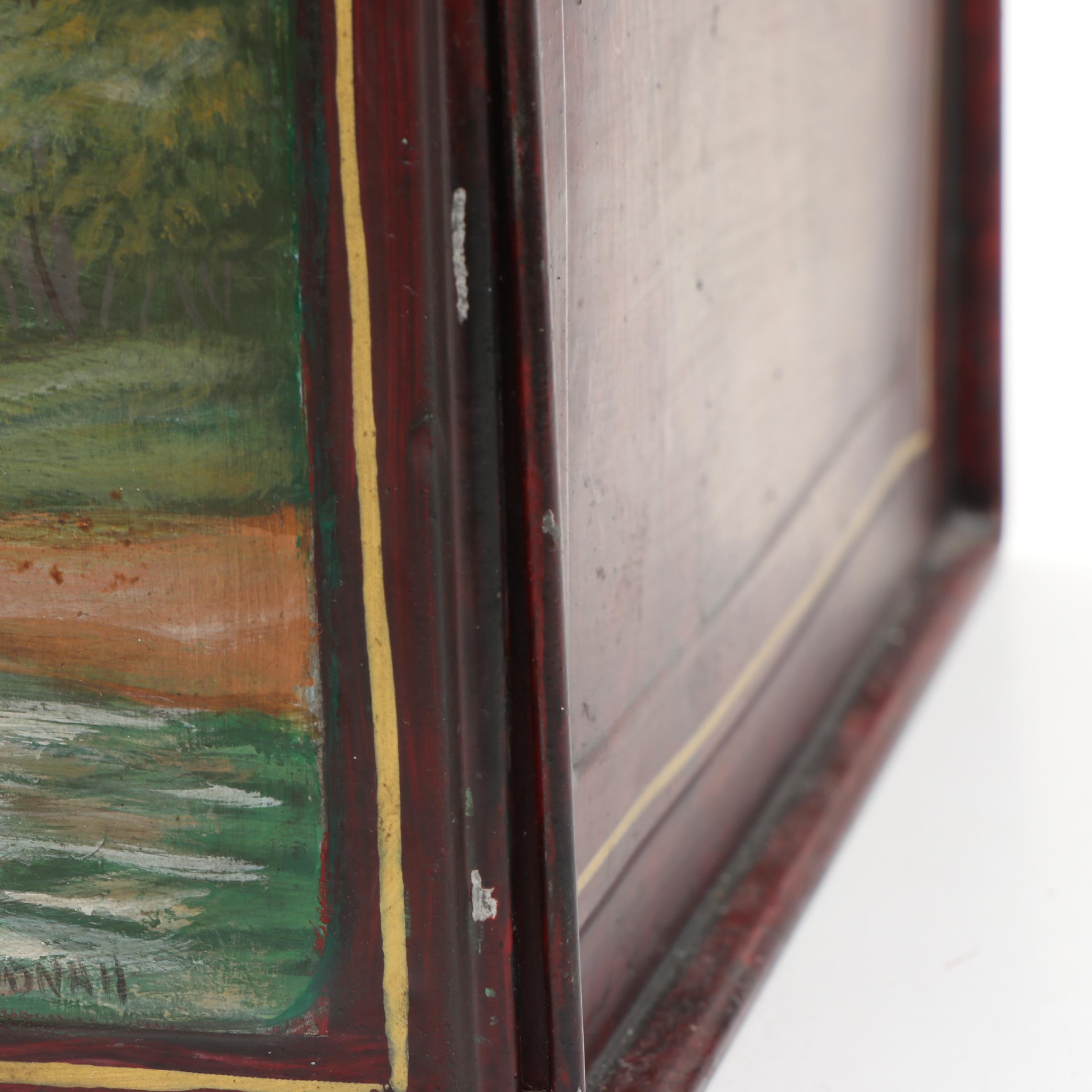 Americana Folk Art Hand-Painted and Signed Landscape Metal Hinged Breadbox