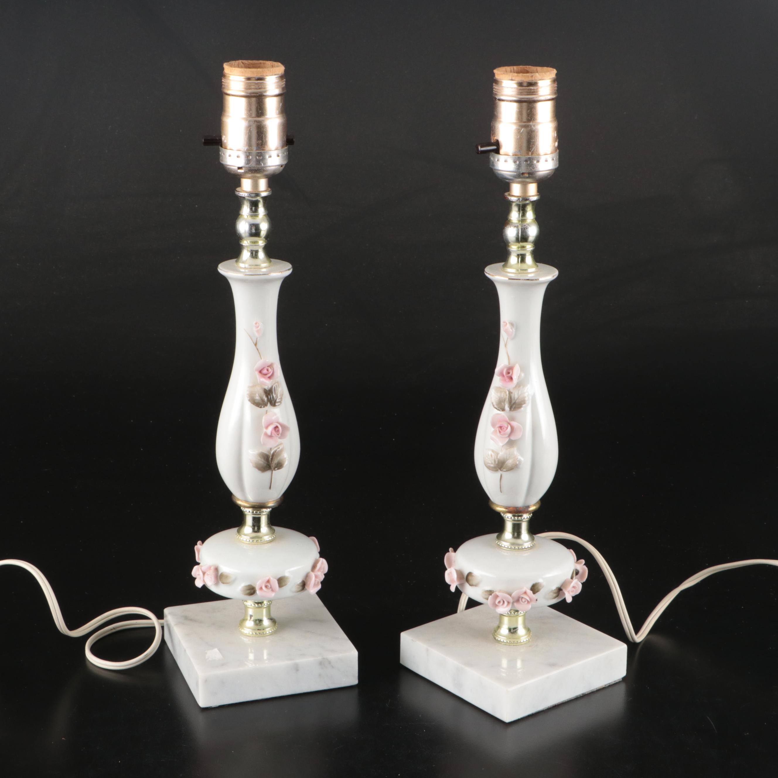 Porcelain Floral Accent Lamps and Pink Ruffle Shades with Sheer & Ribbon Overlay